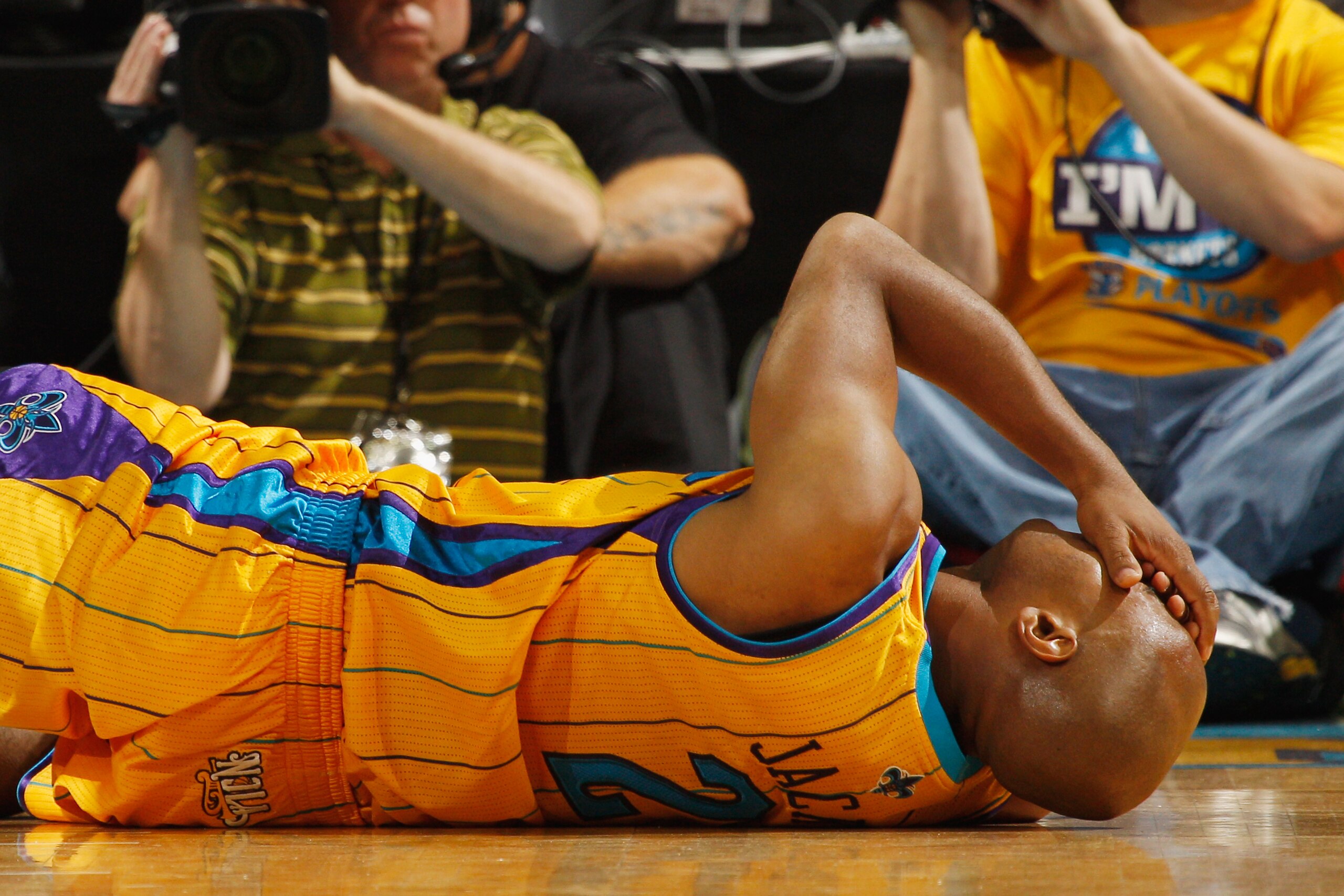 NEW ORLEANS, LA - APRIL 22:  Jarrett Jack #2 of the New Orleans Hornets reacts to being hit in the head during the game against the Los Angeles Lakers in Game Three of the Western Conference Quarterfinals in the 2011 NBA Playoffs at the New Orleans Arena