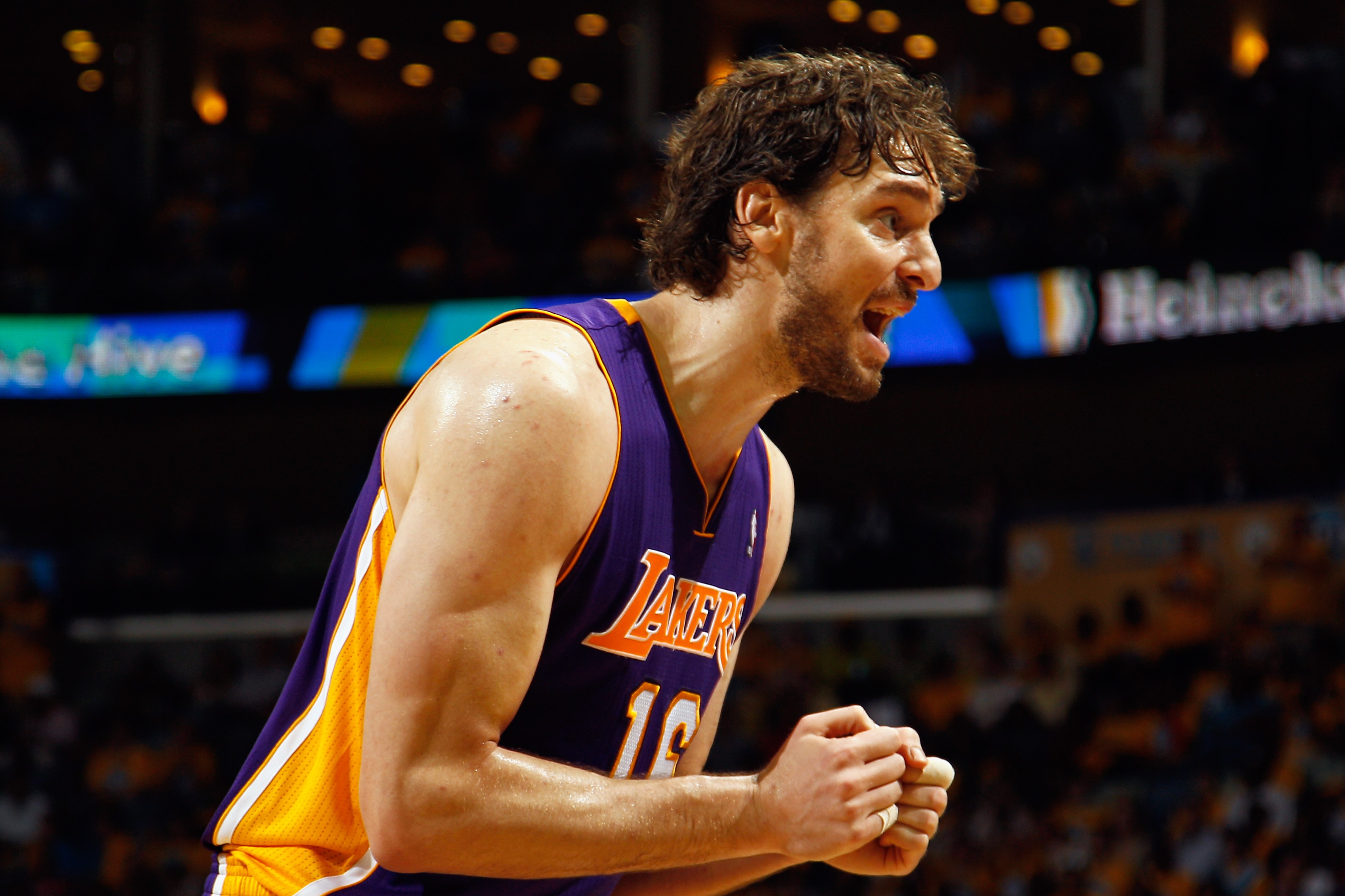 NEW ORLEANS, LA - APRIL 22:  Pau Gasol #16 of the Los Angeles Lakers reacts to a play during the game against the New Orleans Hornets in Game Three of the Western Conference Quarterfinals in the 2011 NBA Playoffs at the New Orleans Arena  on April 22, 201