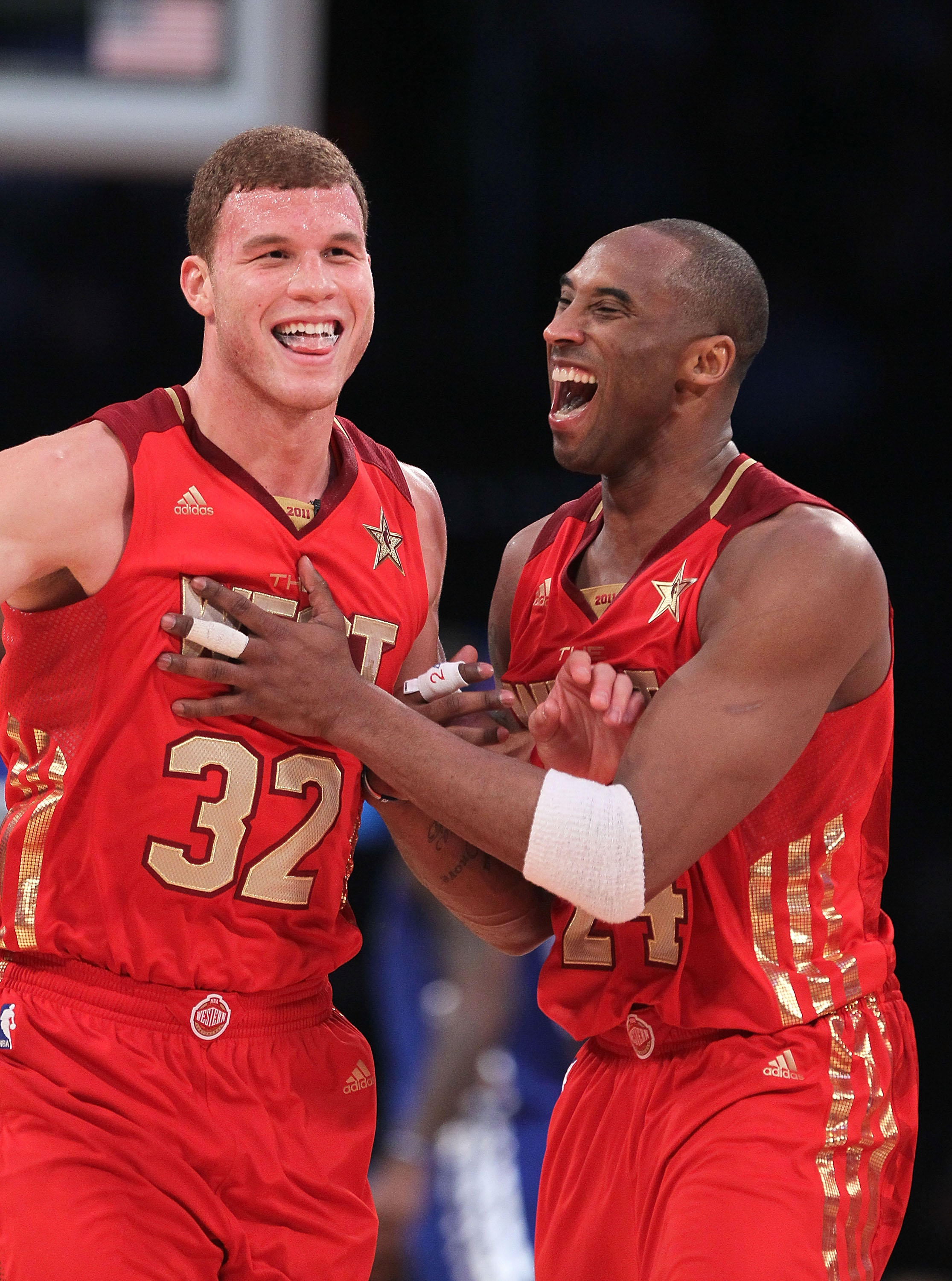 LOS ANGELES, CA - FEBRUARY 20:  Blake Griffin #32 of the Los Angeles Clippers and the Western Conference and Kobe Bryant #24 of the Los Angeles Lakers and the Western Conference react in the second half of the 2011 NBA All-Star Game at Staples Center on F