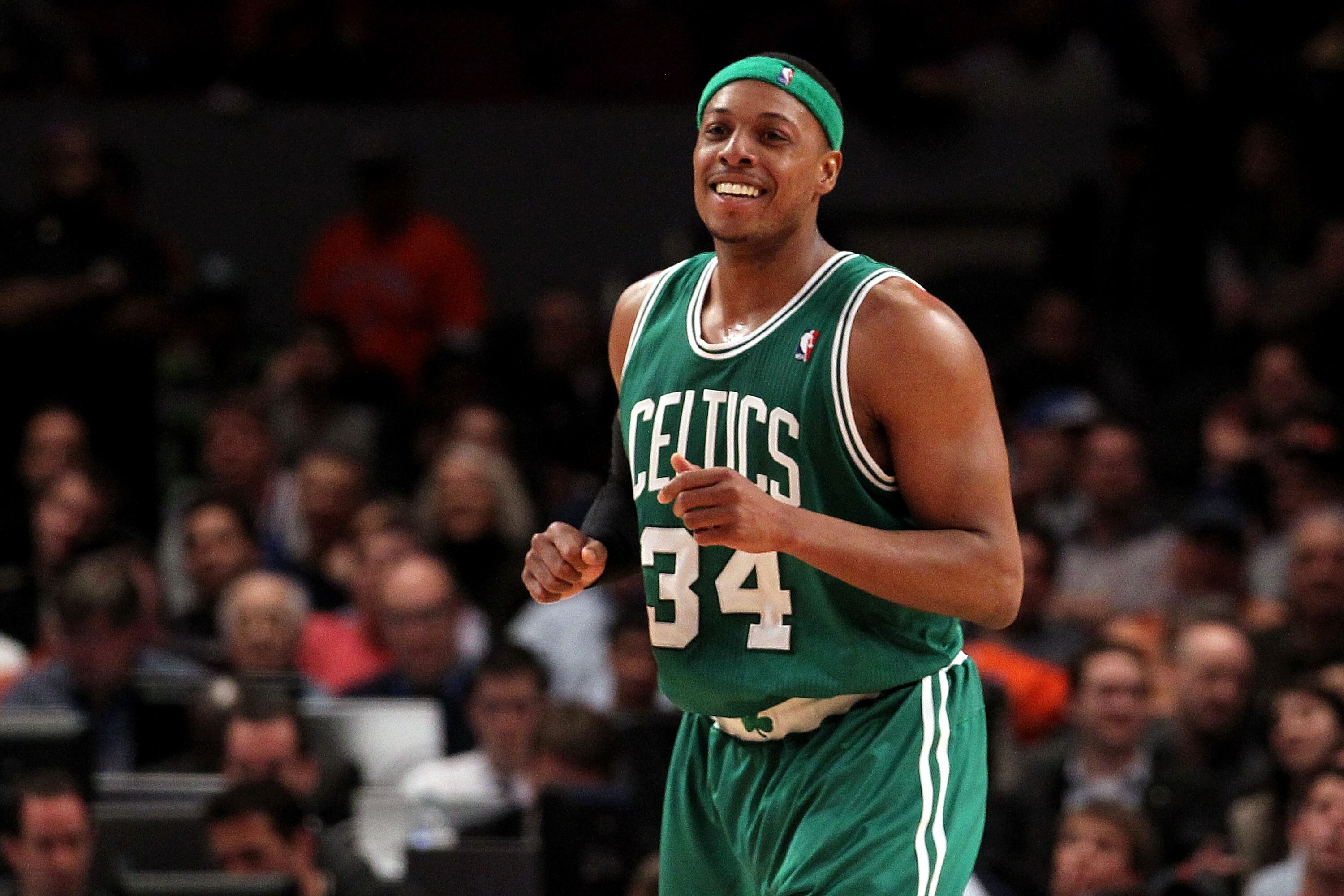 NEW YORK, NY - APRIL 22: Paul Pierce #34 of the Boston Celtics reacts against the New York Knicks in Game Three of the Eastern Conference Quarterfinals in the 2011 NBA Playoffs on April 22, 2011 at Madison Square Garden in New York City. NOTE TO USER: U NEW YORK, NY - APRIL 22: Paul Pierce #34 of the Boston Celtics reacts against the New York Knicks in Game Three of the Eastern Conference Quarterfinals in the 2011 NBA Playoffs on April 22, 2011 at Madison Square Garden in New York City. NOTE TO USER: U