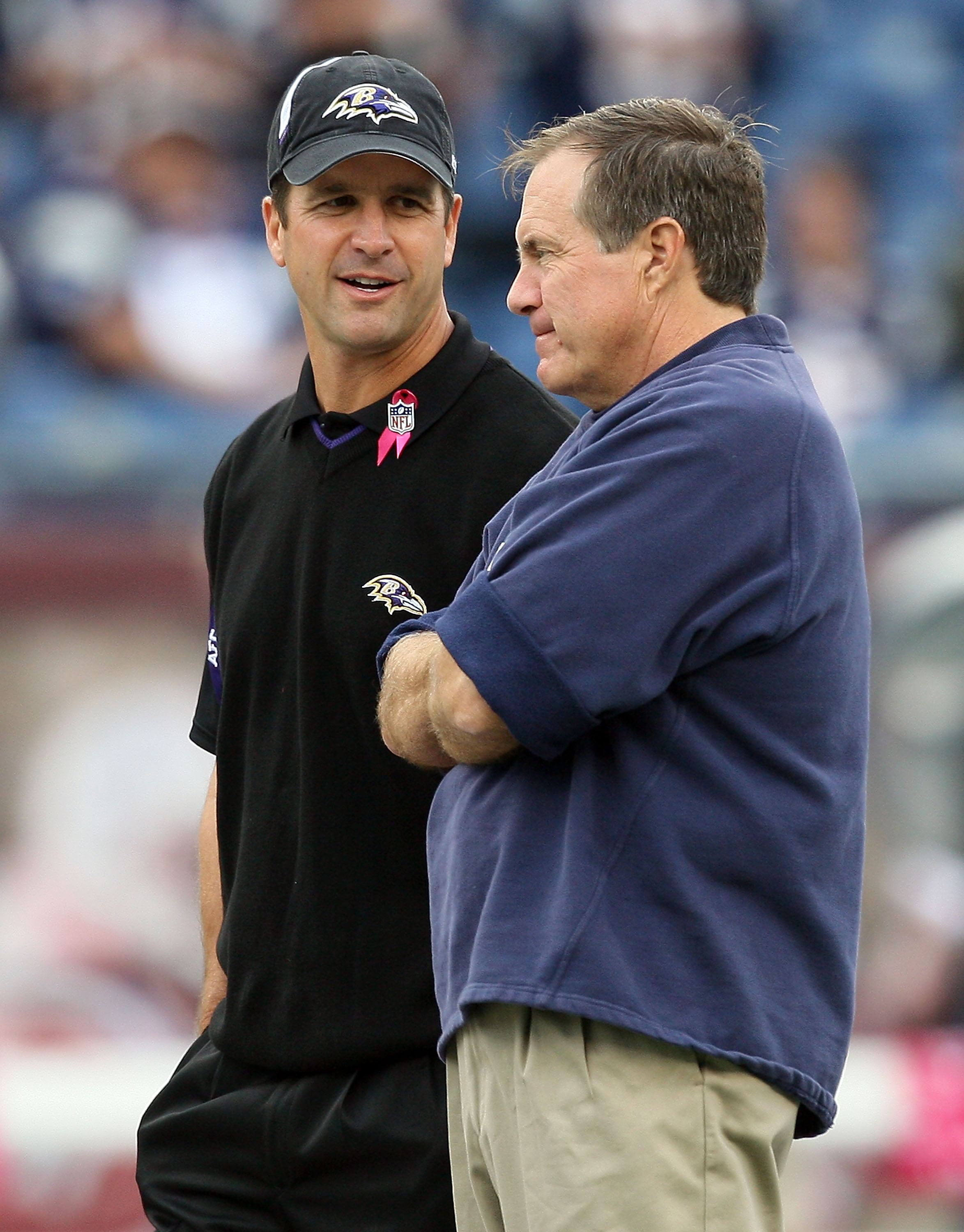 FOXBORO, MA - OCTOBER 4:  John Harrington of  the Baltimore Ravens shakes hands with Bill Belichick of the New England Patriots before a game at Gillette Stadium on October 4, 2009 in Foxboro, Massachusetts. (Photo by Jim Rogash/Getty Images)