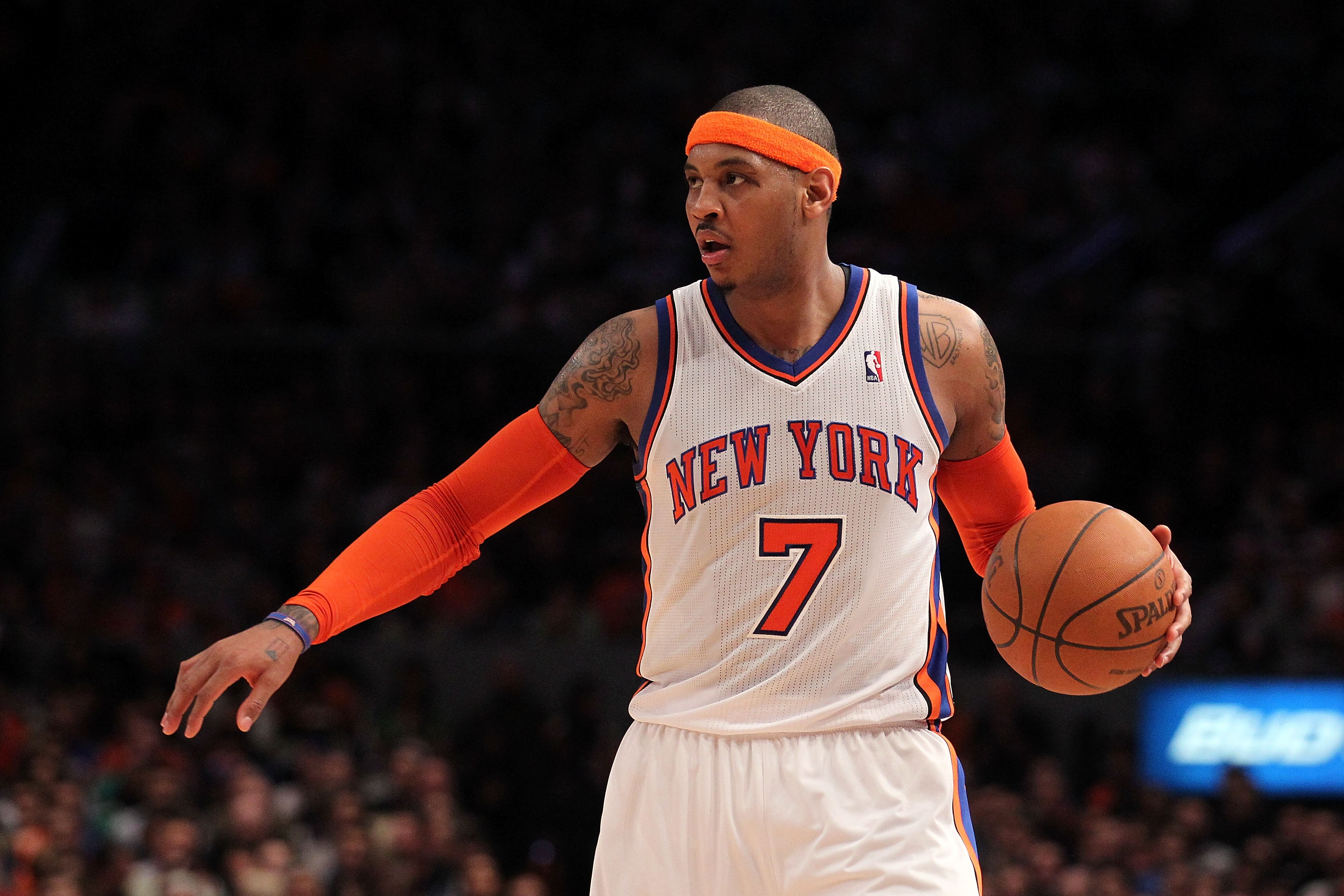NEW YORK, NY - APRIL 22:  Carmelo Anthony #7 of the New York Knicks looks to pass against Boston Celtics in Game Three of the Eastern Conference Quarterfinals in the 2011 NBA Playoffs on April 22, 2011 at Madison Square Garden in New York City.  NOTE TO U