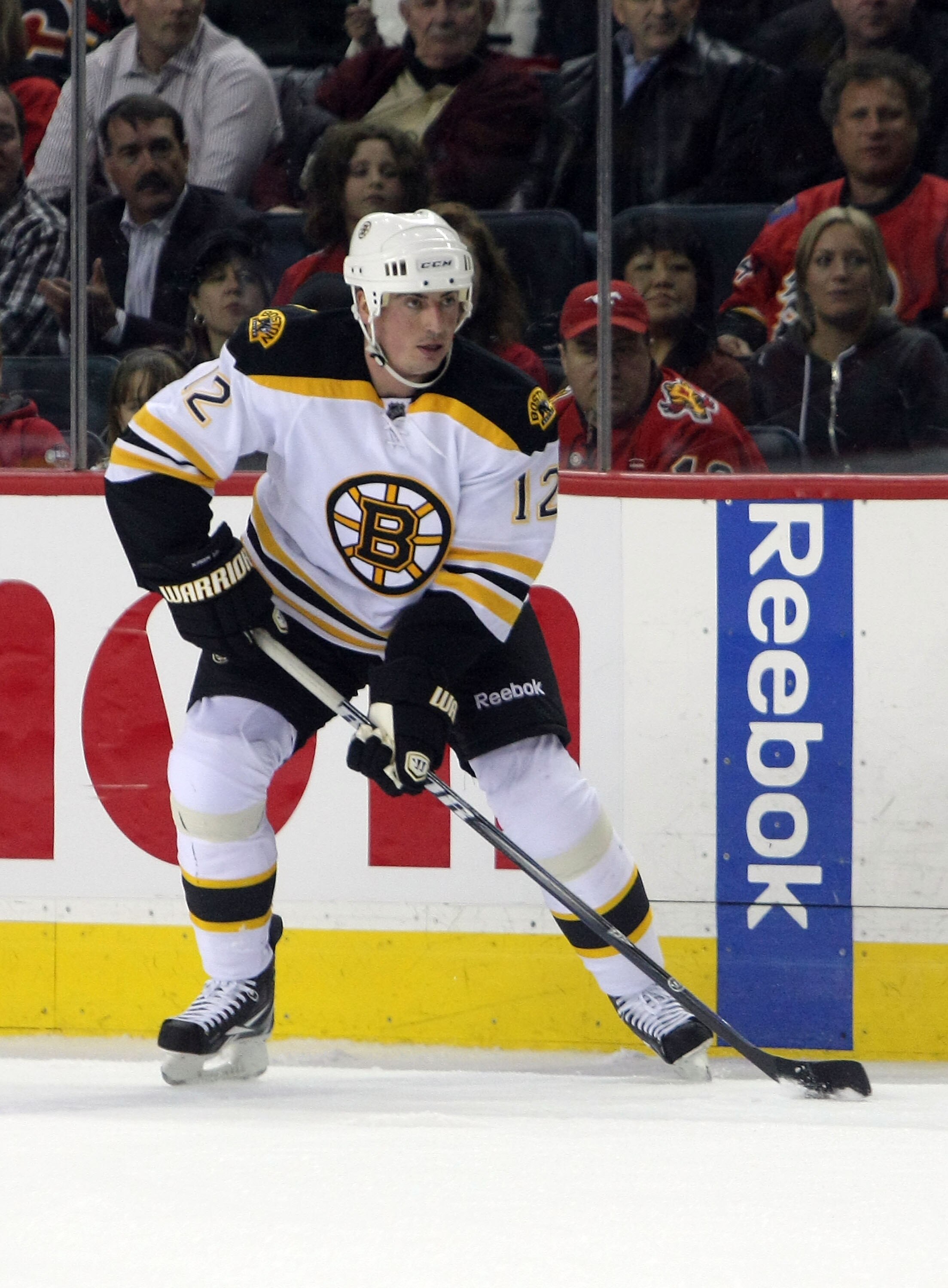 CALGARY,CANADA - FEBRUARY 22:  Tomas Kaberle #12 of the Boston Bruins skates against the Calgary Flames during their NHL game at Scotiabank Saddledome, February 22,2011 in Calgary, Alberta, Canada.(Photo By Dave Sandford/Getty Images)