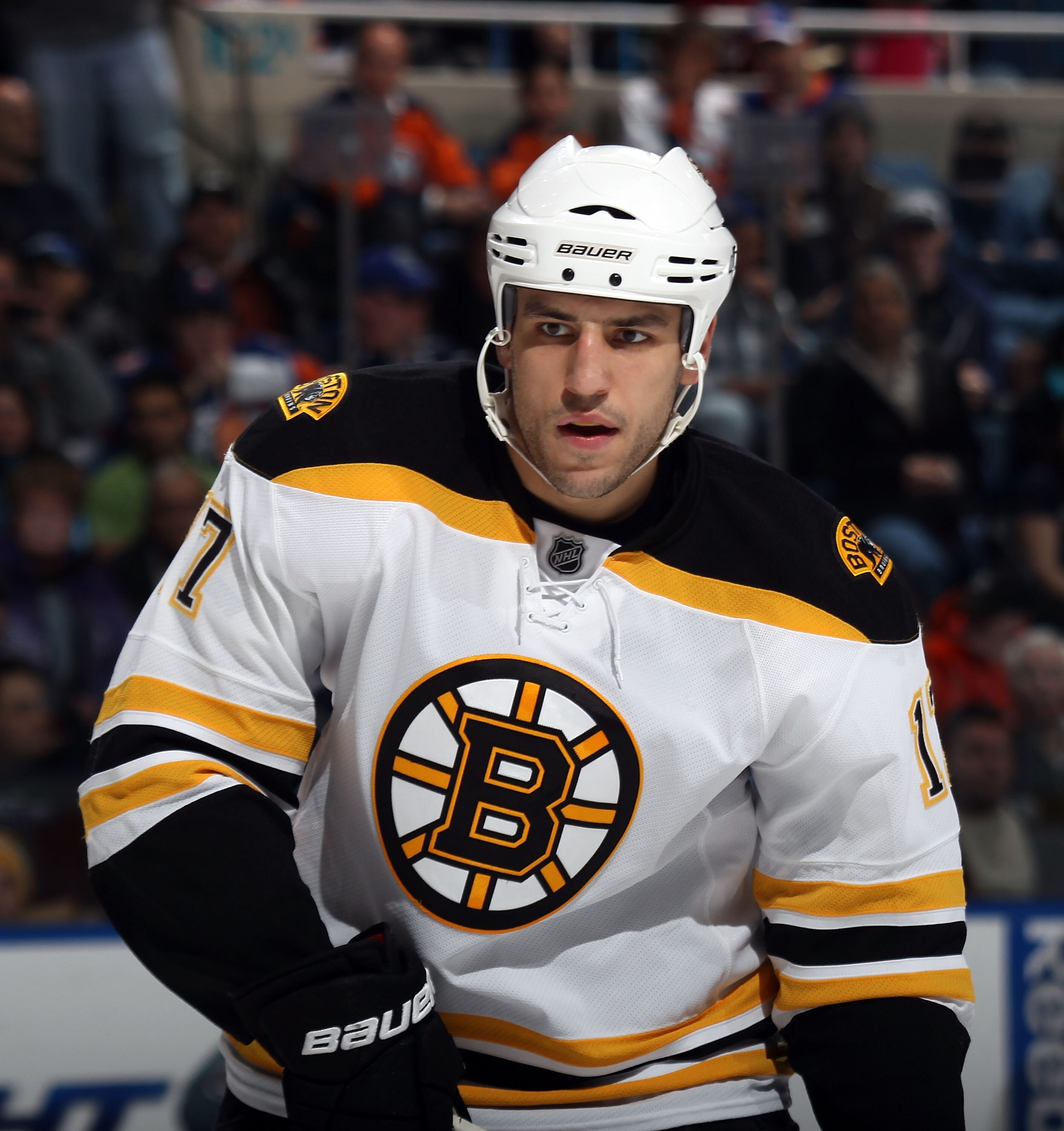 UNIONDALE, NY - MARCH 11:  Milan Lucic #17 of the Boston Bruins skates against the New York Islanders at the Nassau Coliseum on March 11, 2011 in Uniondale, New York.  (Photo by Bruce Bennett/Getty Images)