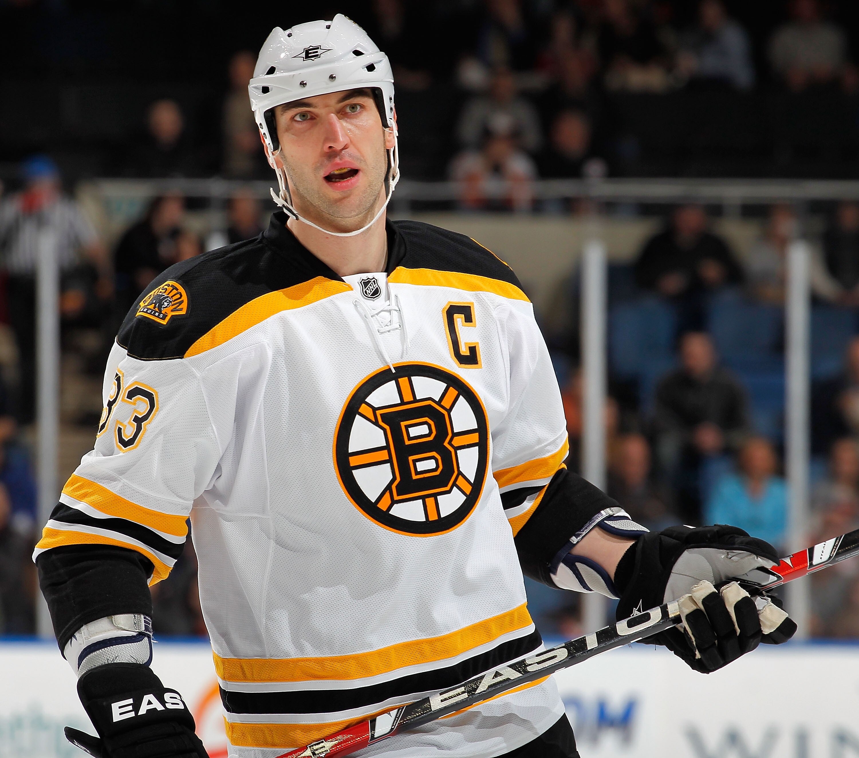 UNIONDALE, NY - FEBRUARY 17:  Zdeno Chara #33 of the Boston Bruins waits for a faceoff during an NHL hockey game against the New York Islanders at the Nassau Coliseum on February 17, 2011 in Uniondale, New York.  (Photo by Paul Bereswill/Getty Images)