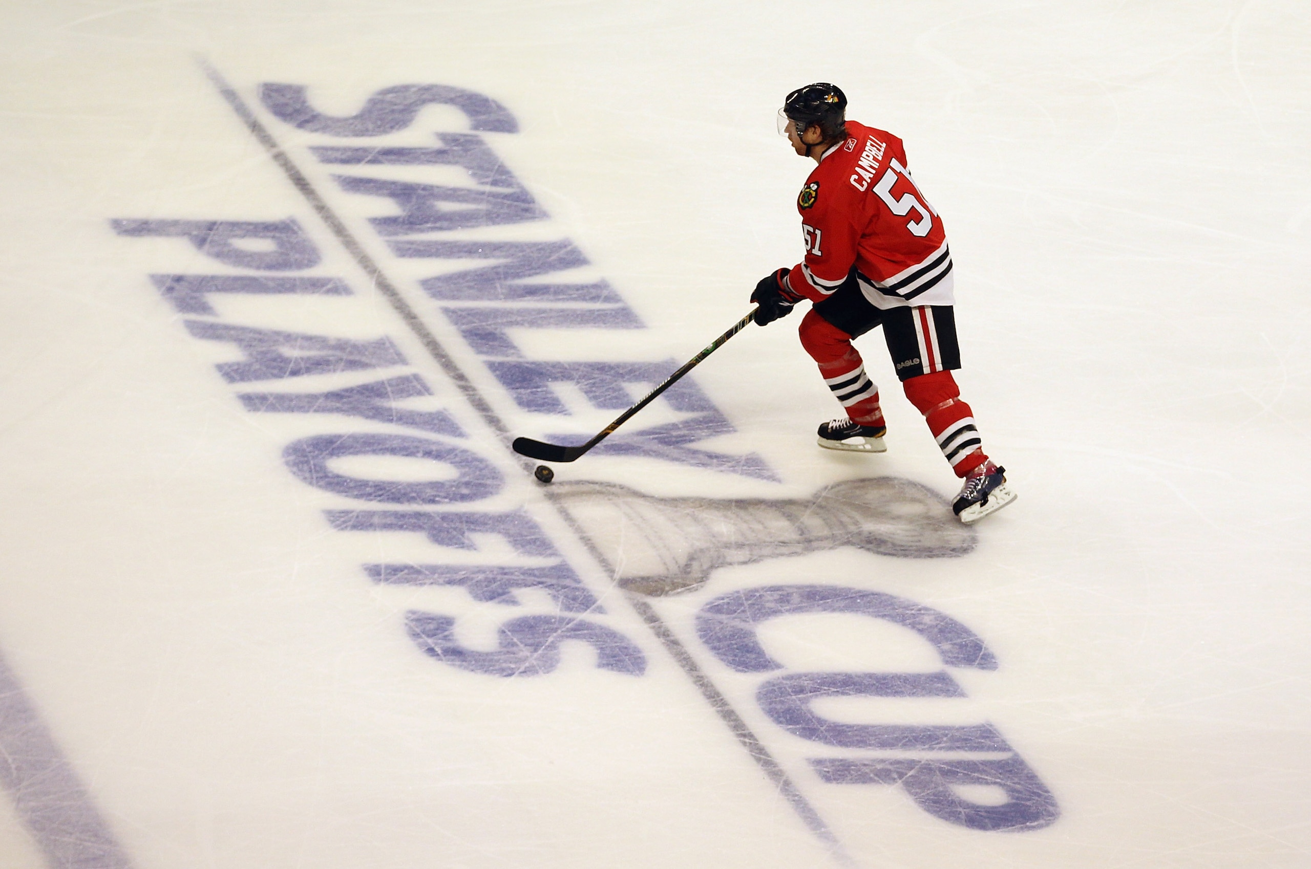 CHICAGO, IL - APRIL 17: Brian Campbell #51 of the Chicago Blackhawks skates up the ice against the Vancouver Canucks in Game Three of the Western Conference Quarterfinals during the 2011 NHL Stanley Cup Playoffs at the United Center on April 17, 2011 in C