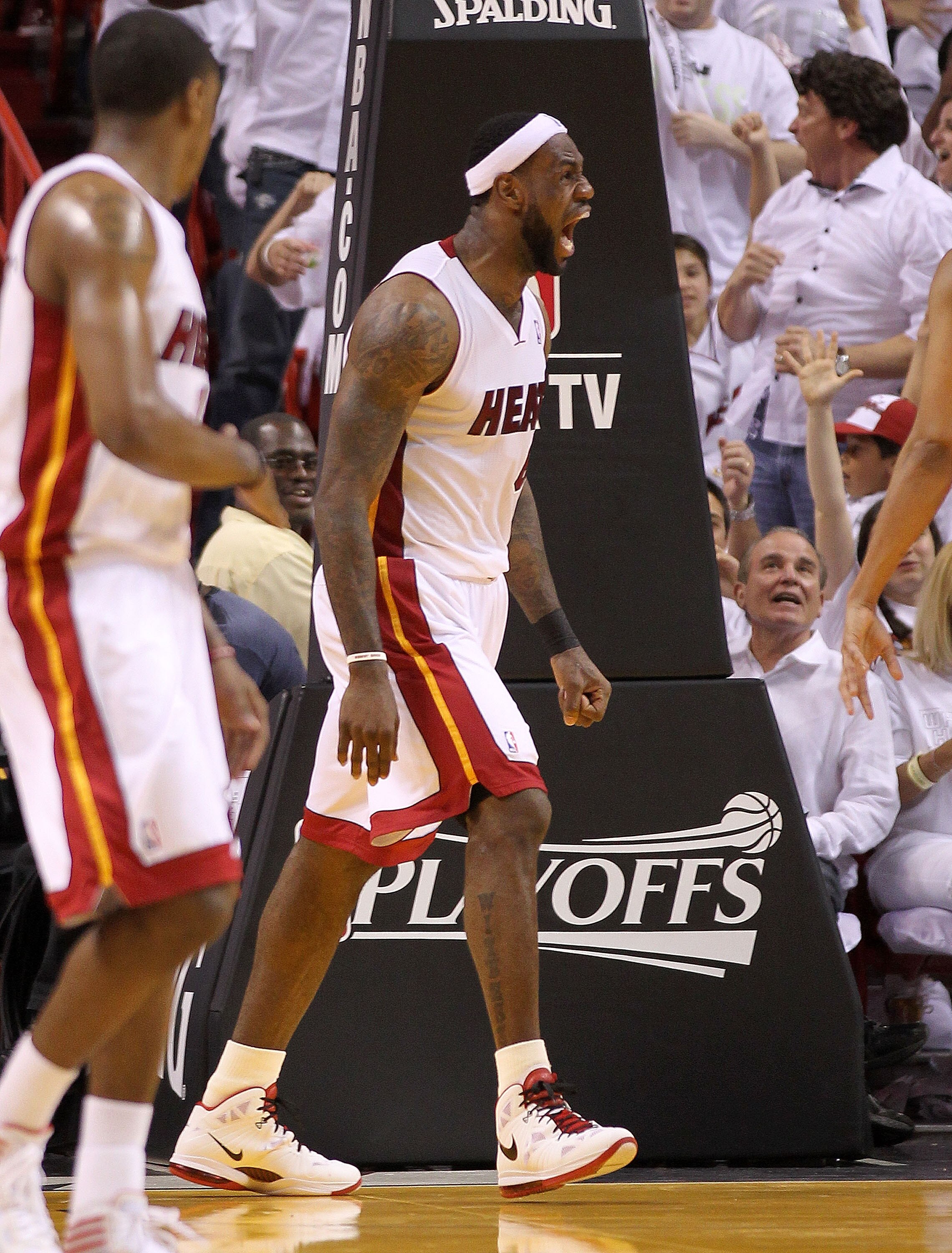 MIAMI, FL - APRIL 18:  LeBron James #6 of the Miami Heat reacts after a shot during game two of the Eastern Conference Quarterfinals against the Philadelphia 76ers at American Airlines Arena on April 18, 2011 in Miami, Florida. NOTE TO USER: User expressl