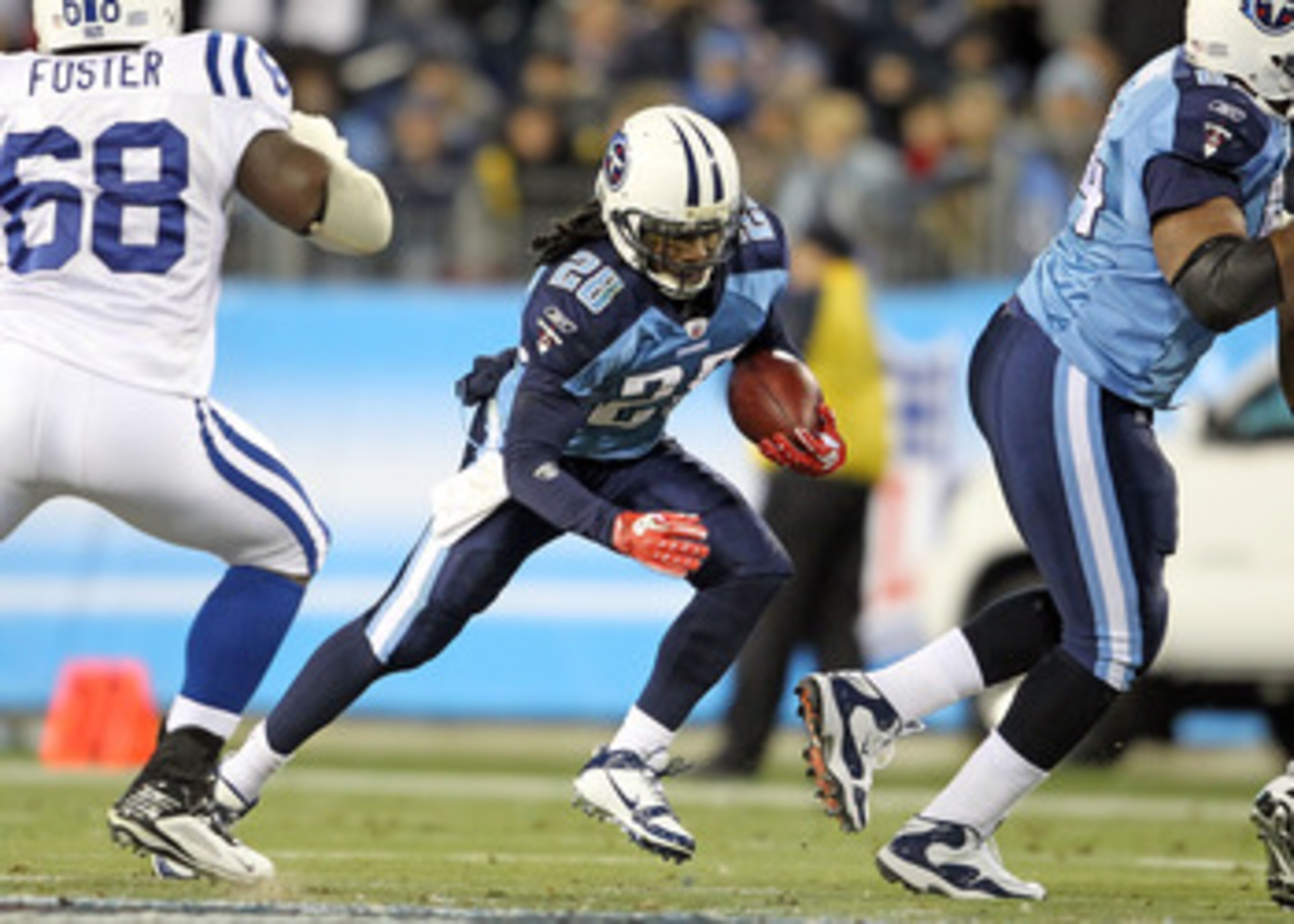 NASHVILLE, TN - DECEMBER 09: Chris Johnson #28 of the Tennessee Titans runs with the ball against the Indianapolis Colts during the NFL game at LP Field on December 9, 2010 in Nashville, Tennessee.  (Photo by Andy Lyons/Getty Images)