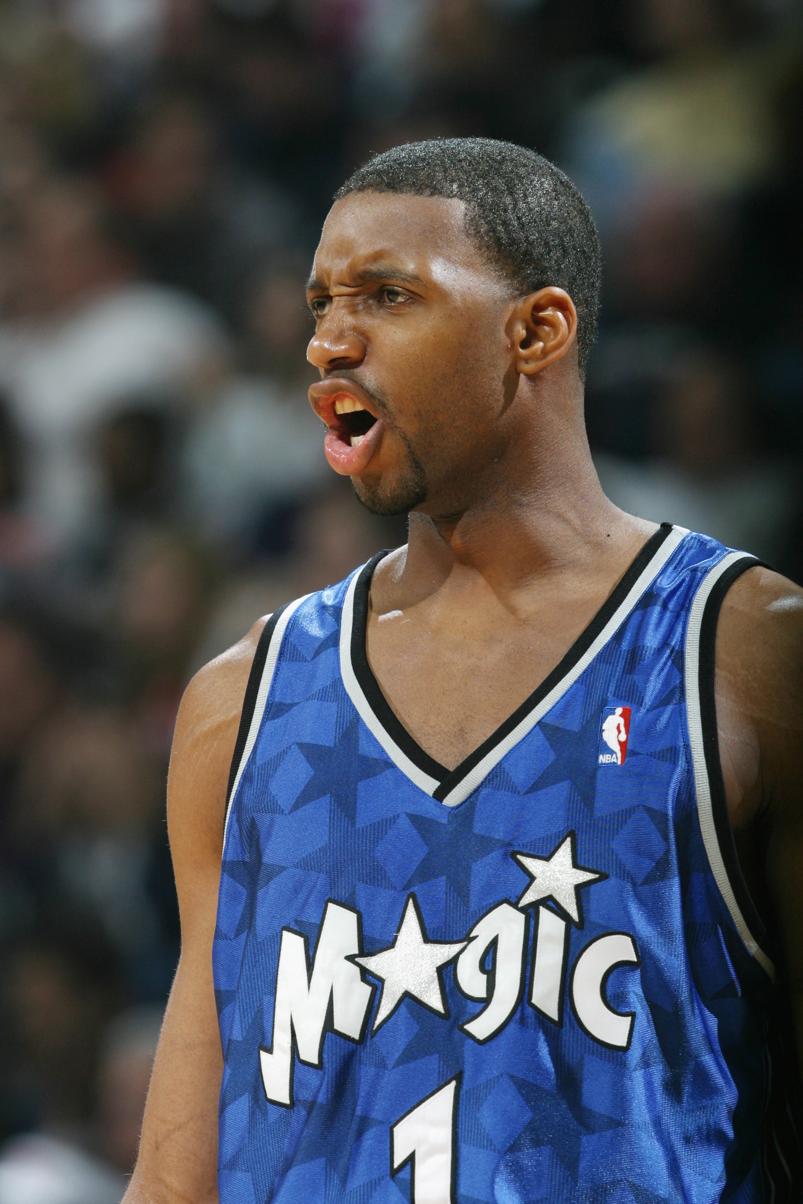 AUBURN HILLS, MI - APRIL 20:  Tracy McGrady #1 of the Orlando Magic yells in Game one of the Eastern Conference Quarterfinals during the 2003 NBA Playoffs against the Detroit Pistons at The Palace of Auburn Hills on April 20, 2003 in Auburn Hills, Michiga