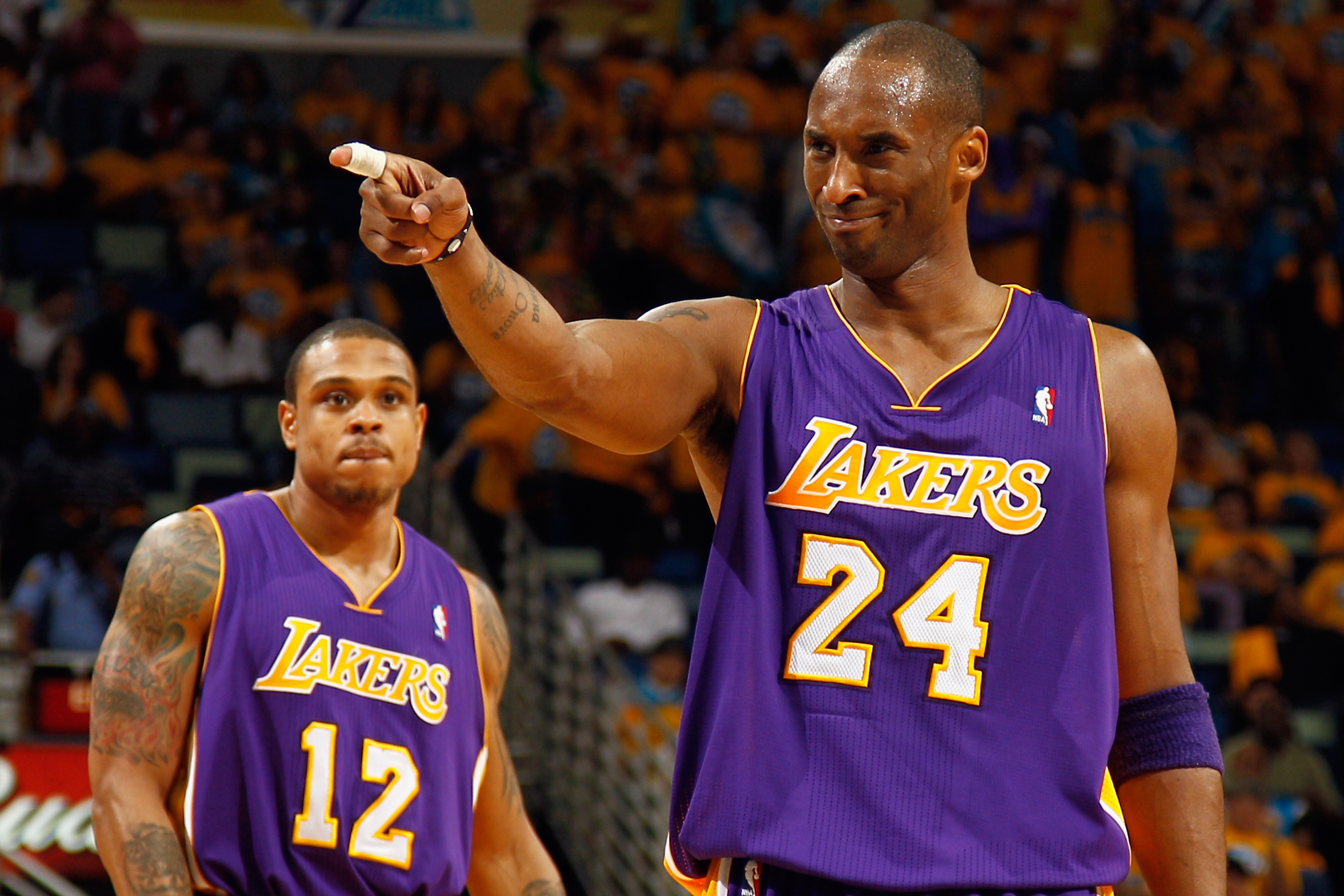 NEW ORLEANS, LA - APRIL 22:  Kobe Bryant #24 of the Los Angeles Lakers reacts after being fouled during the game against  the New Orleans Hornets in Game Three of the Western Conference Quarterfinals in the 2011 NBA Playoffs at the New Orleans Arena  on A