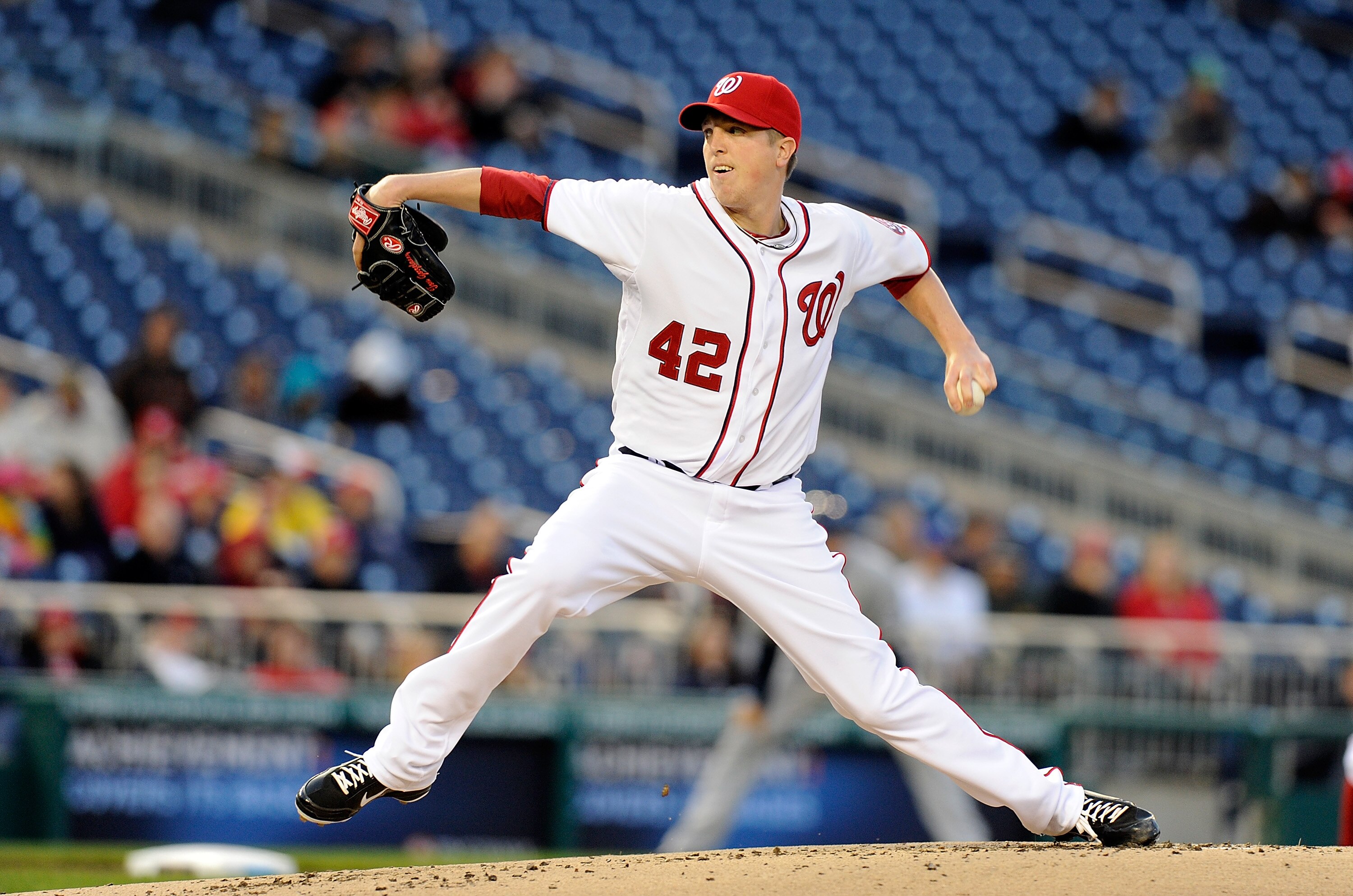 WASHINGTON, DC - APRIL 15:  Tom Gorzelanny #32 of the Washington Nationals pitches against the Milwaukee Brewers at Nationals Park on April 15, 2011 in Washington, DC. All players, coaches and umpires are wearing #42 in honor of Jackie Robinson.  (Photo b