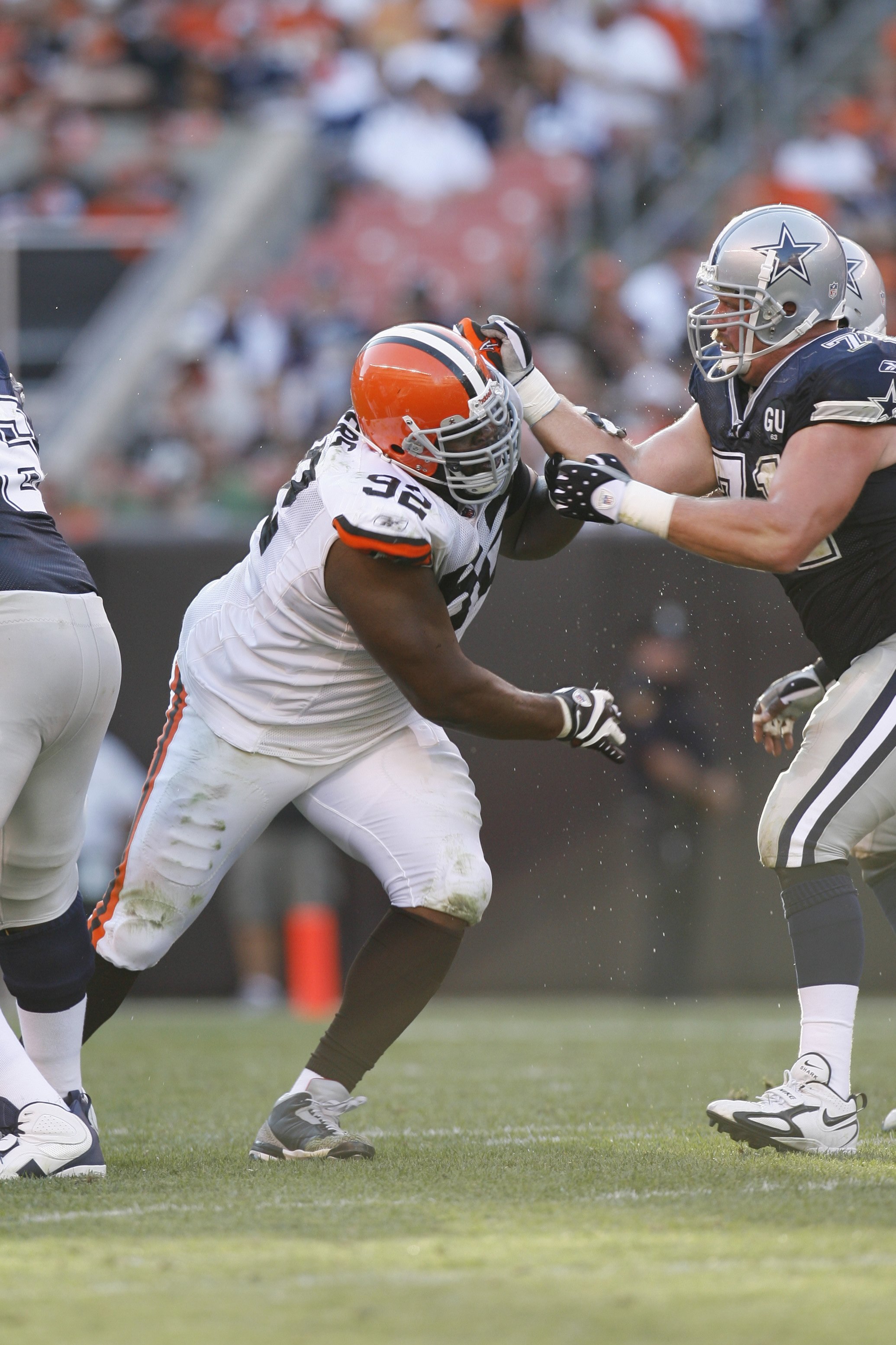CLEVELAND - SEPTEMBER 7:  Cory Procter #71 of the Dallas Cowboys blocks against Shaun Rogers #92 of the Cleveland Browns during the game at Cleveland Browns Stadium on September 7, 2008 in Cleveland, Ohio.  (Photo by Kevin C. Cox/Getty Images)