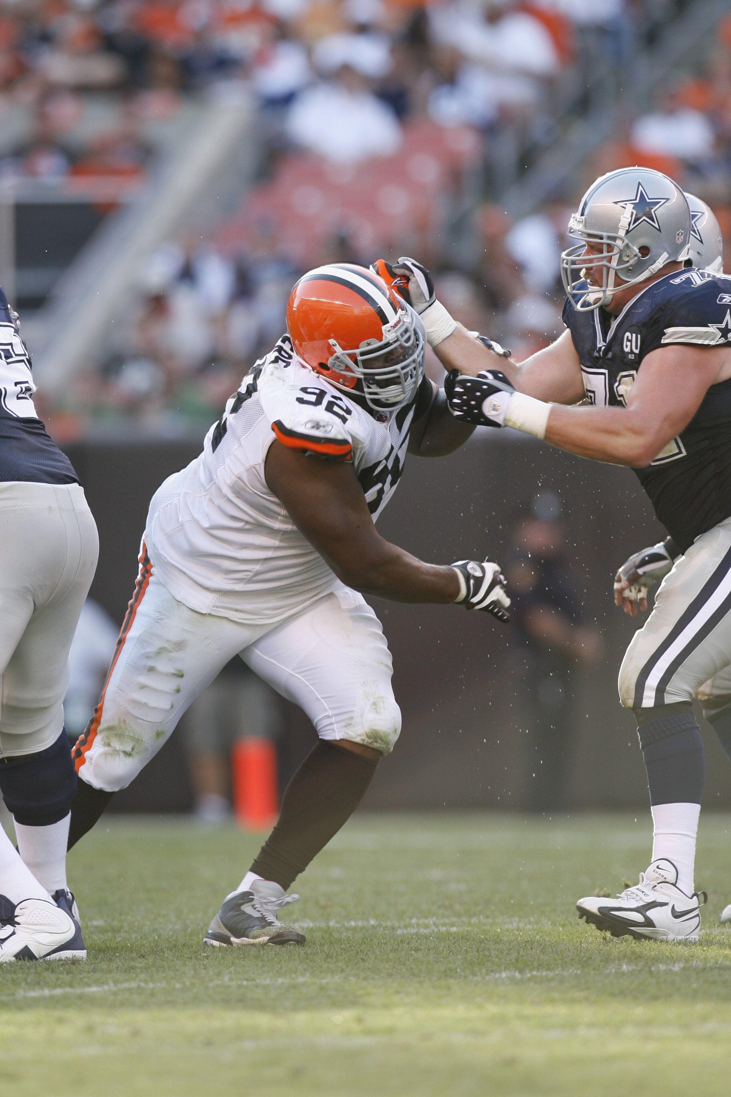 CLEVELAND - SEPTEMBER 7: Cory Procter #71 of the Dallas Cowboys blocks against Shaun Rogers #92 of the Cleveland Browns during the game at Cleveland Browns Stadium on September 7, 2008 in Cleveland, Ohio. (Photo by Kevin C. Cox/Getty Images) CLEVELAND - SEPTEMBER 7: Cory Procter #71 of the Dallas Cowboys blocks against Shaun Rogers #92 of the Cleveland Browns during the game at Cleveland Browns Stadium on September 7, 2008 in Cleveland, Ohio. (Photo by Kevin C. Cox/Getty Images)