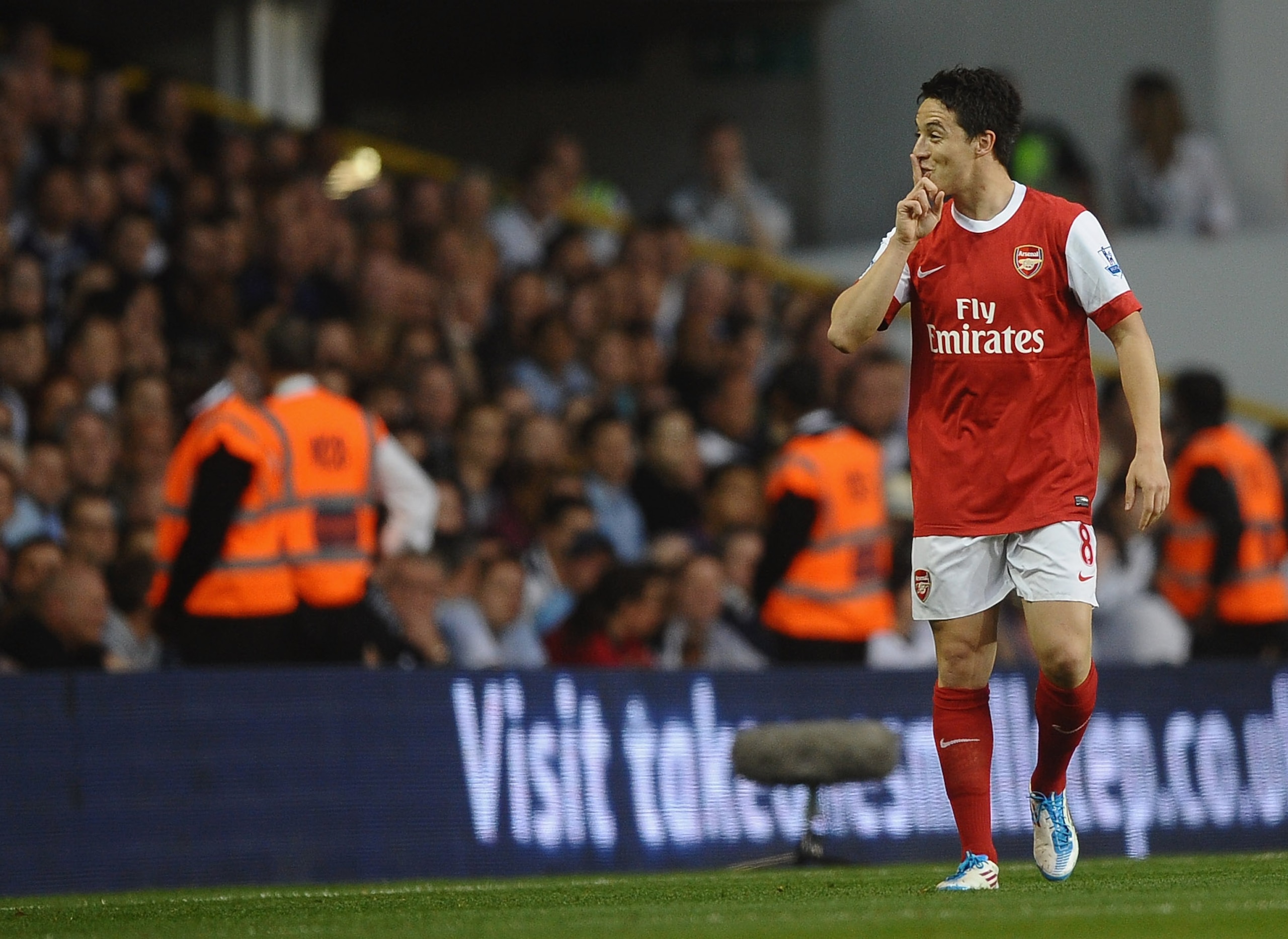 LONDON, ENGLAND - APRIL 20: Samir Nasri of Arsenal gestures to the Spurs fans after scoring their second goal during the Barclays Premier League match between Tottenham Hotspur and Arsenal at White Hart Lane on April 20, 2011 in London, England. (Photo LONDON, ENGLAND - APRIL 20: Samir Nasri of Arsenal gestures to the Spurs fans after scoring their second goal during the Barclays Premier League match between Tottenham Hotspur and Arsenal at White Hart Lane on April 20, 2011 in London, England. (Photo