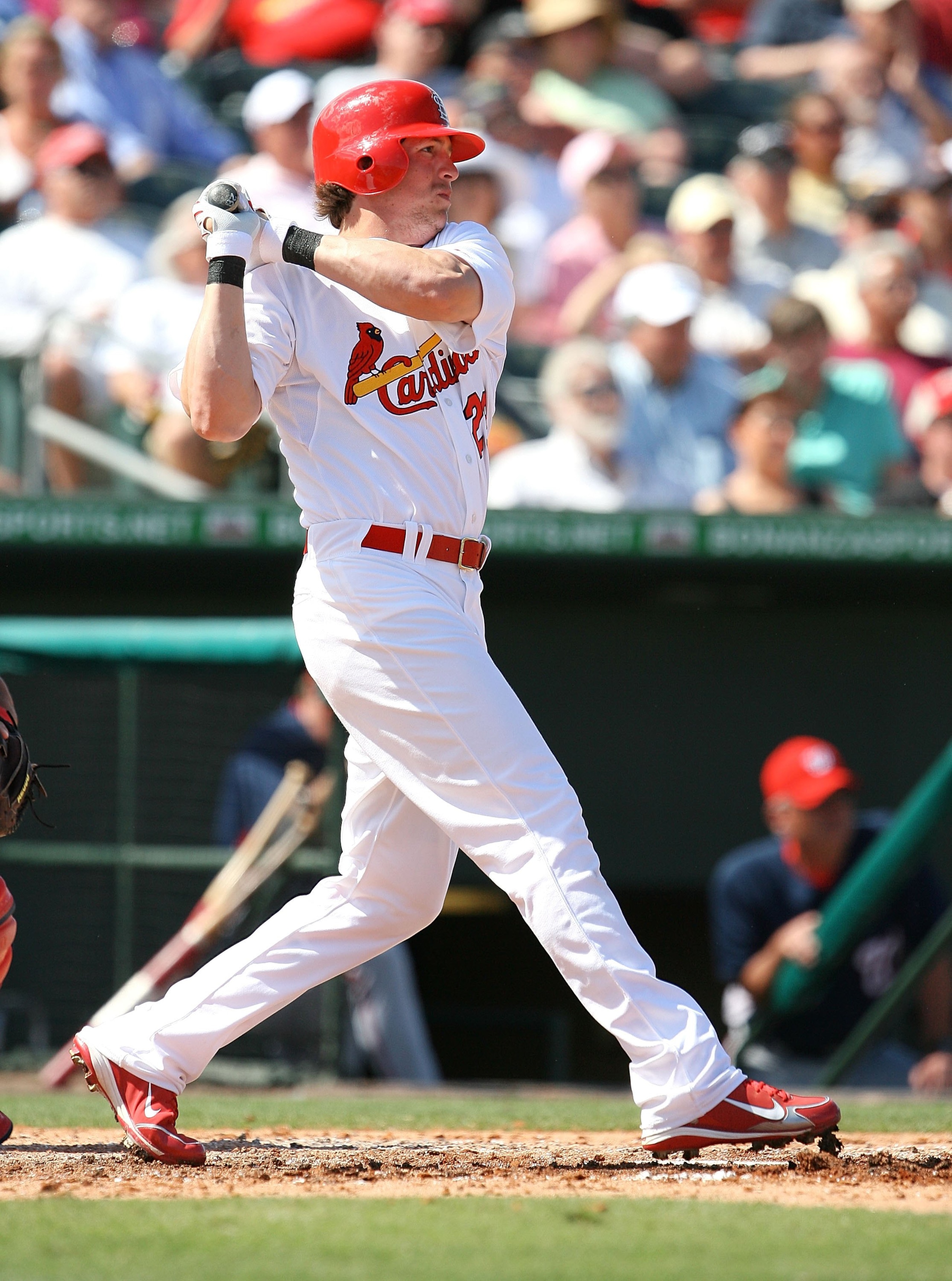 JUPITER, FL - MARCH 10:  Centerfielder Colby Rasmus #28 of the St Louis Cardinals hits against the Washington Nationals at Roger Dean Stadium on March 10, 2010 in Jupiter, Florida.  (Photo by Doug Benc/Getty Images)