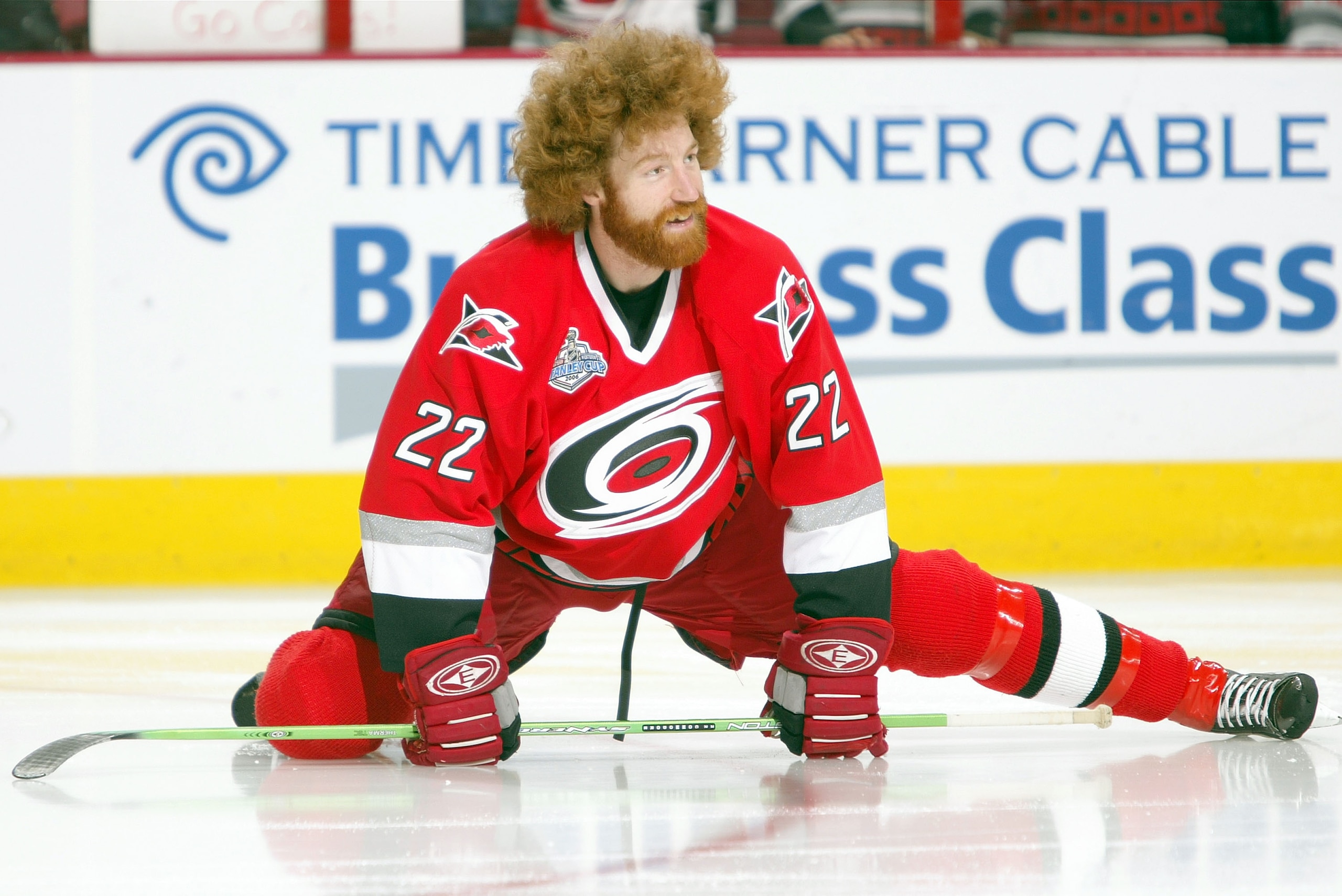 RALEIGH, NC - JUNE 14:  Mike Commodore #22 of the Carolina Hurricanes warms up before game five of the 2006 NHL Stanley Cup Finals against the Edmonton Oilers on June 14, 2006 at the RBC Center in Raleigh, North Carolina.  (Photo by Elsa/Getty Images)