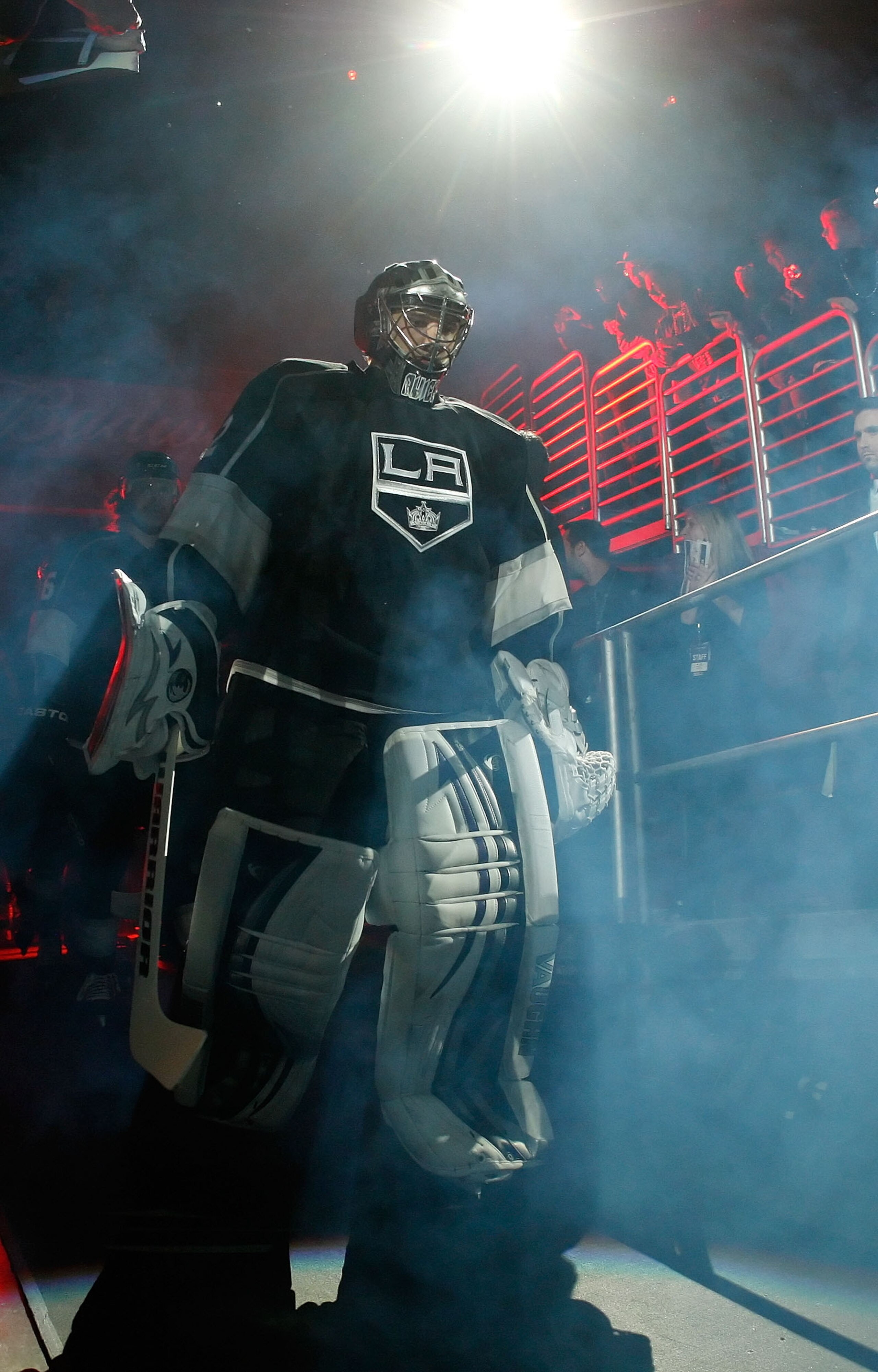 LOS ANGELES, CA - APRIL 19:  Jonathan Quick #32 of the Los Angeles Kings leads the team on to the ice prior to game three of the Western Conference Quarterfinals against the San Jose Sharks during the 2011 NHL Stanley Cup Playoffs at Staples Center on Apr