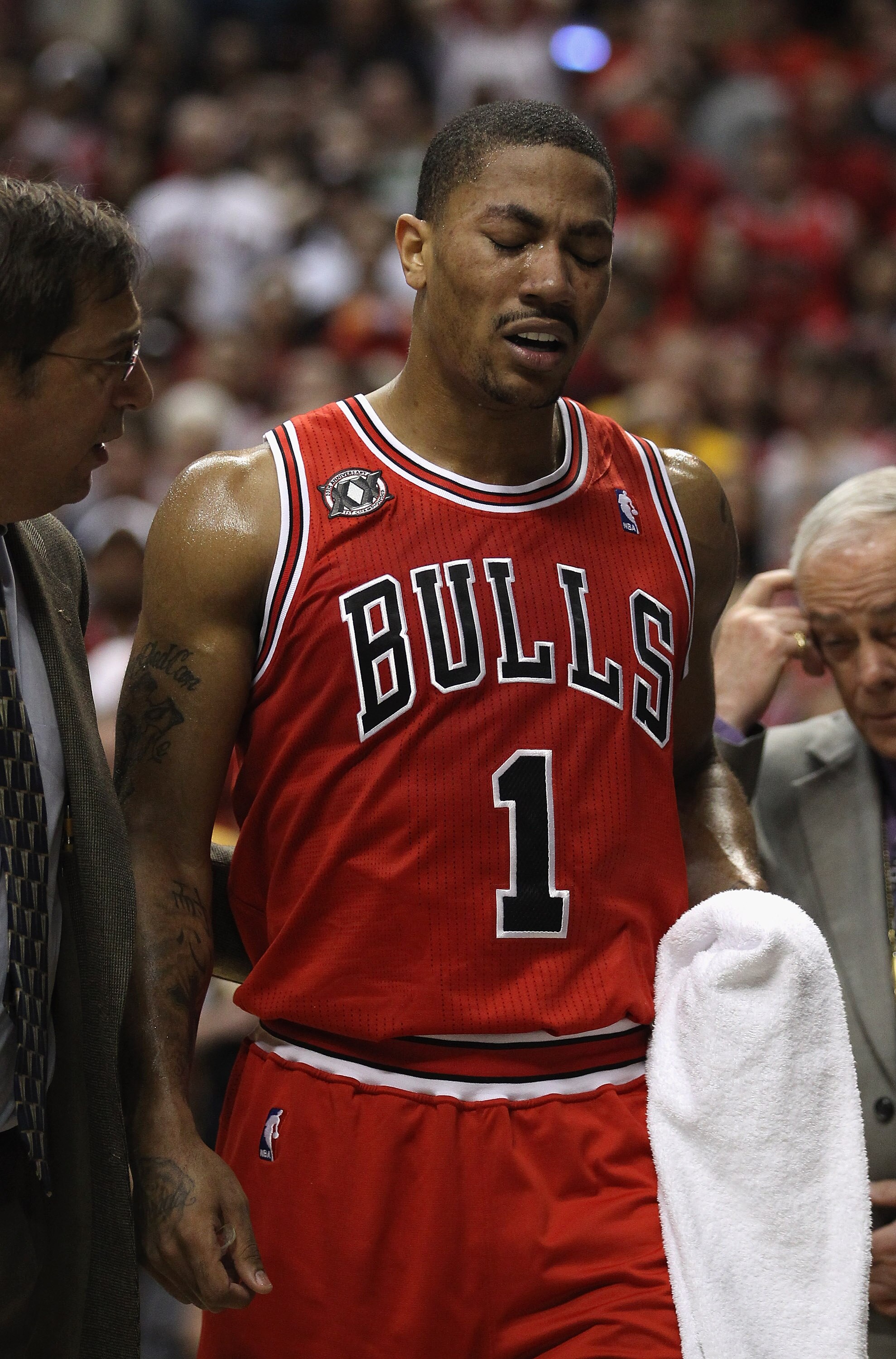 INDIANAPOLIS, IN - APRIL 23: Derrick Rose #1 of the Chicago Bulls walks off of the court after injuring his ankle against the Indiana Pacers in Game Four of the Eastern Conference Quarterfinals in the 2011 NBA Playoffs at Conseco Fieldhouse on April 23, 2