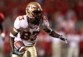 RALEIGH, NC - OCTOBER 28:  Bert Reed #83 of the Florida State Seminoles against the North Carolina State Wolfpack during their game at Carter-Finley Stadium on October 28, 2010 in Raleigh, North Carolina.  (Photo by Streeter Lecka/Getty Images)