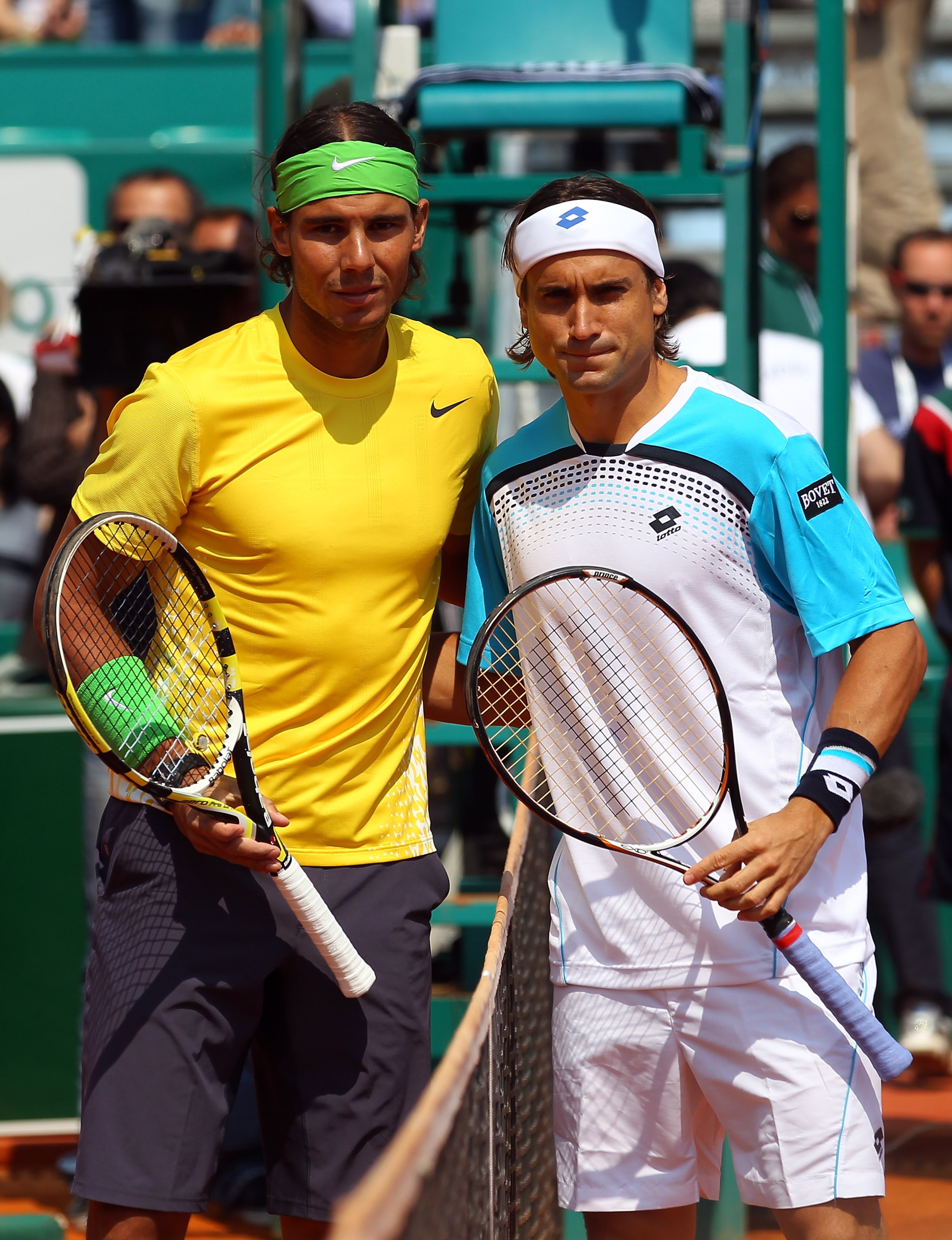 MONACO - APRIL 17:  Rafael Nadal of Spain and  David Ferrer of Spain before the final during Day Eight of the ATP Masters Series Tennis at the Monte Carlo Country Club on April 17, 2011 in Monte Carlo, Monaco.  (Photo by Julian Finney/Getty Images)
