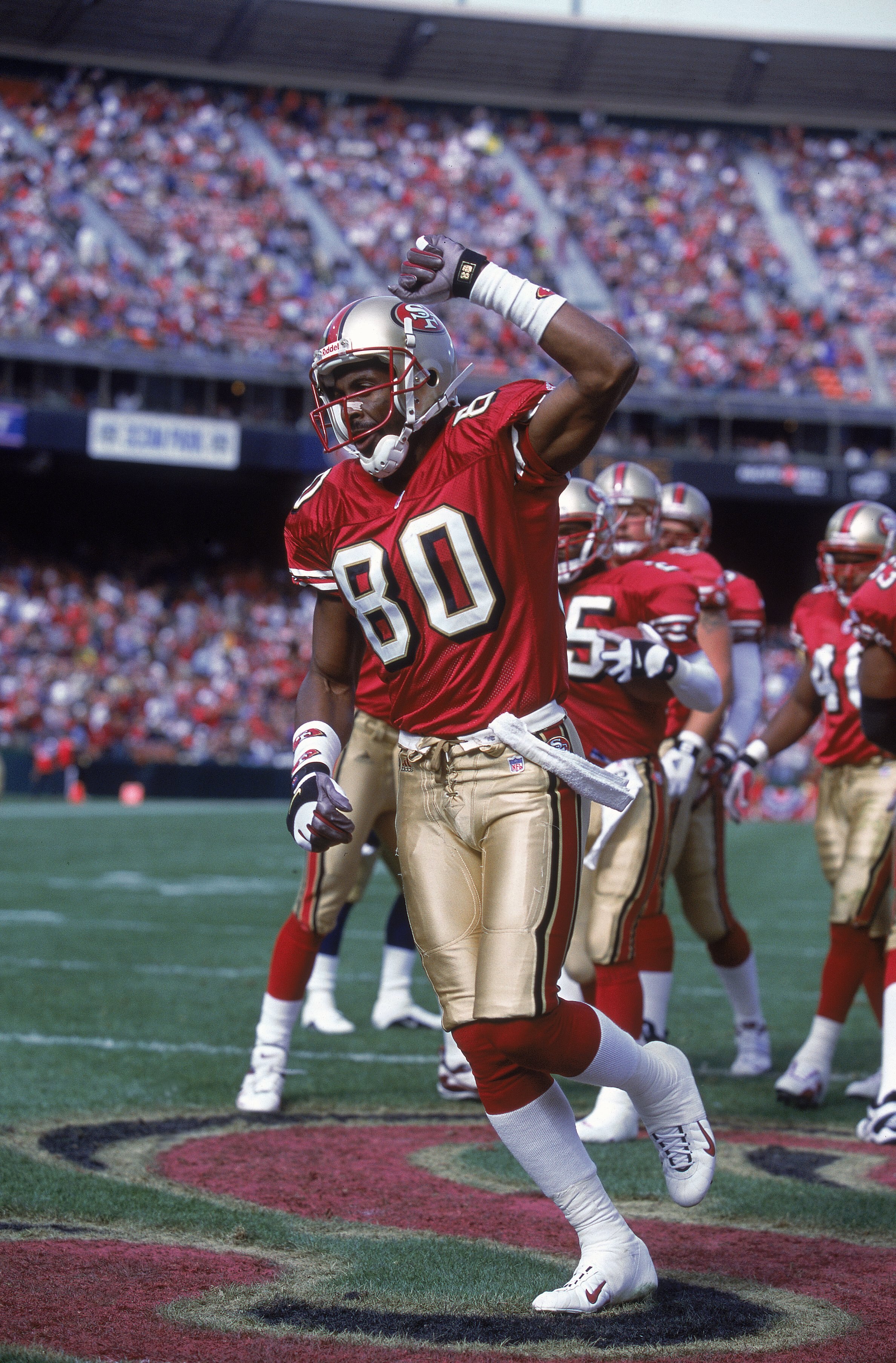29 Oct 2000:  Jerry Rice #80 of the San Francisco 49ers celebrates during the game against the St. Louis Rams at 3 COM park in San Francisco, California.  The Rams defeated the 49ers 34-24.Mandatory Credit: Harry How  /Allsport