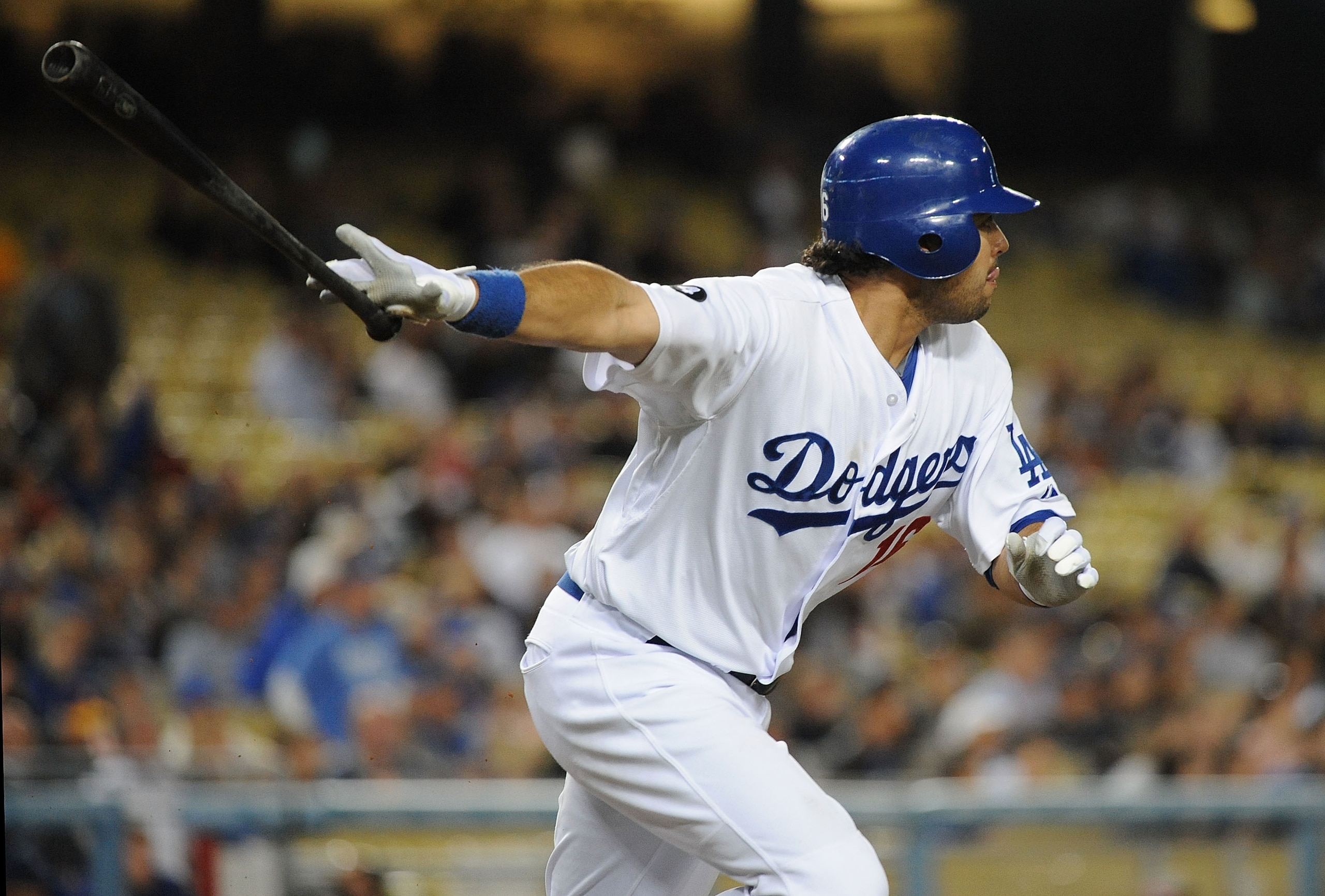 LOS ANGELES, CA - APRIL 20:  Andre Ethier #16 of the Los Angeles Dodgers hits a RBI single in the second inning against the Atlanta Braves at Dodger Stadium on April 20, 2011 in Los Angeles, California.  (Photo by Lisa Blumenfeld/Getty Images)