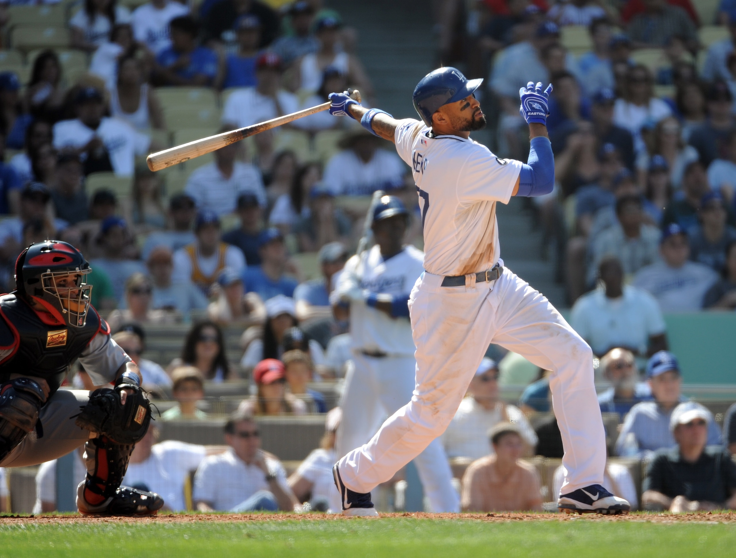 LOS ANGELES, CA - APRIL 17:  Matt Kemp #27 of the Los Angeles Dodgers watches his two run homerun in the bottom of the ninth inning for a 2-1 win over the St. Louis Cardinals at Dodger Stadium on April 17, 2011 in Los Angeles, California.  (Photo by Harry