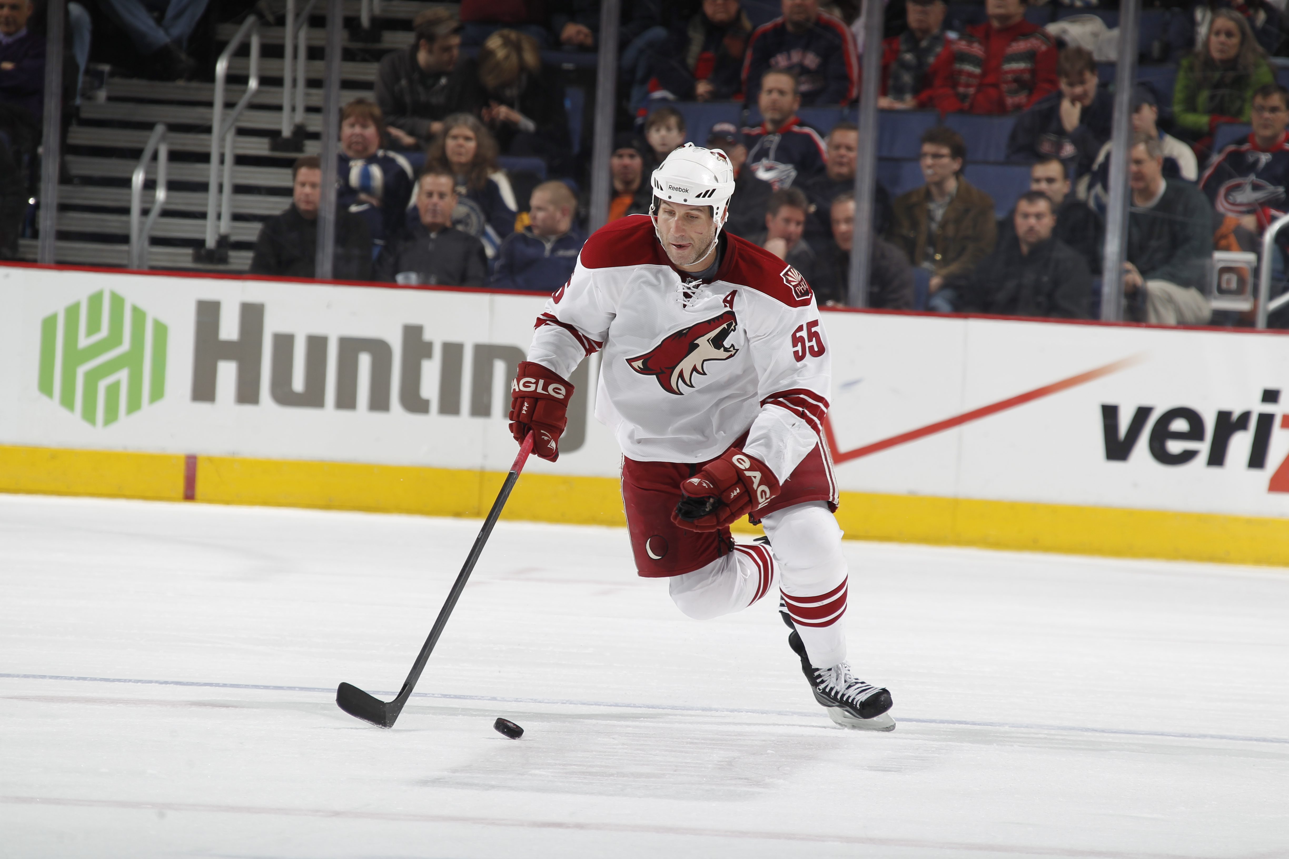 COLUMBUS, OH - JANUARY 11: Ed Jovanovski #55 of the Phoenix Coyotes skates against the Columbus Blue Jackets during a game on January 11, 2011 at the Nationwide Arena in Columbus, Ohio. (Photo by Gregory Shamus/Getty Images)