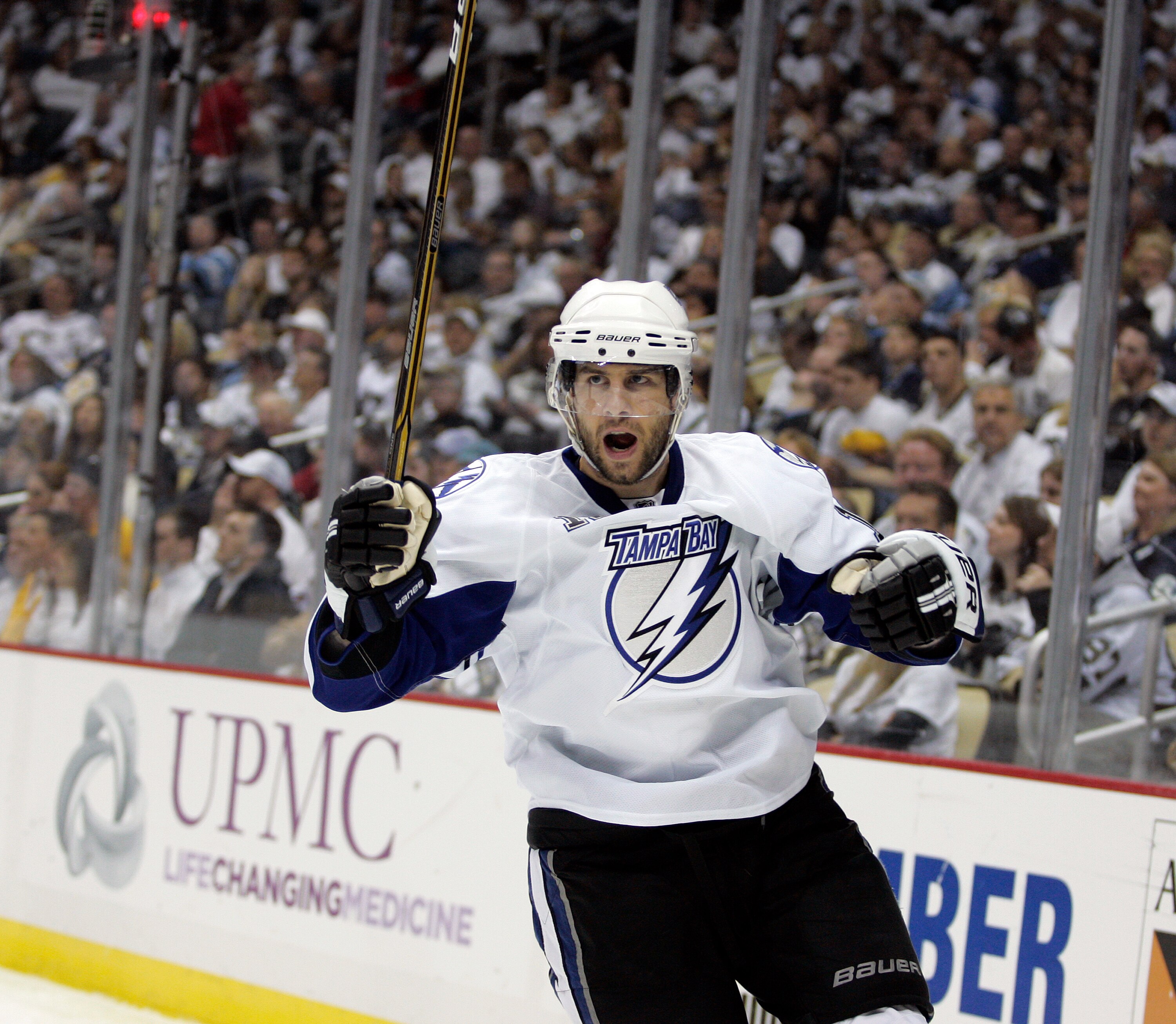 PITTSBURGH, PA - APRIL 23:  Simon Gagne #12 of the Tampa Bay Lightning celebrates his second period goal against the Pittsburgh Penguins in Game Five of the Eastern Conference Quarterfinals during the 2011 NHL Stanley Cup Playoffs at Consol Energy Center