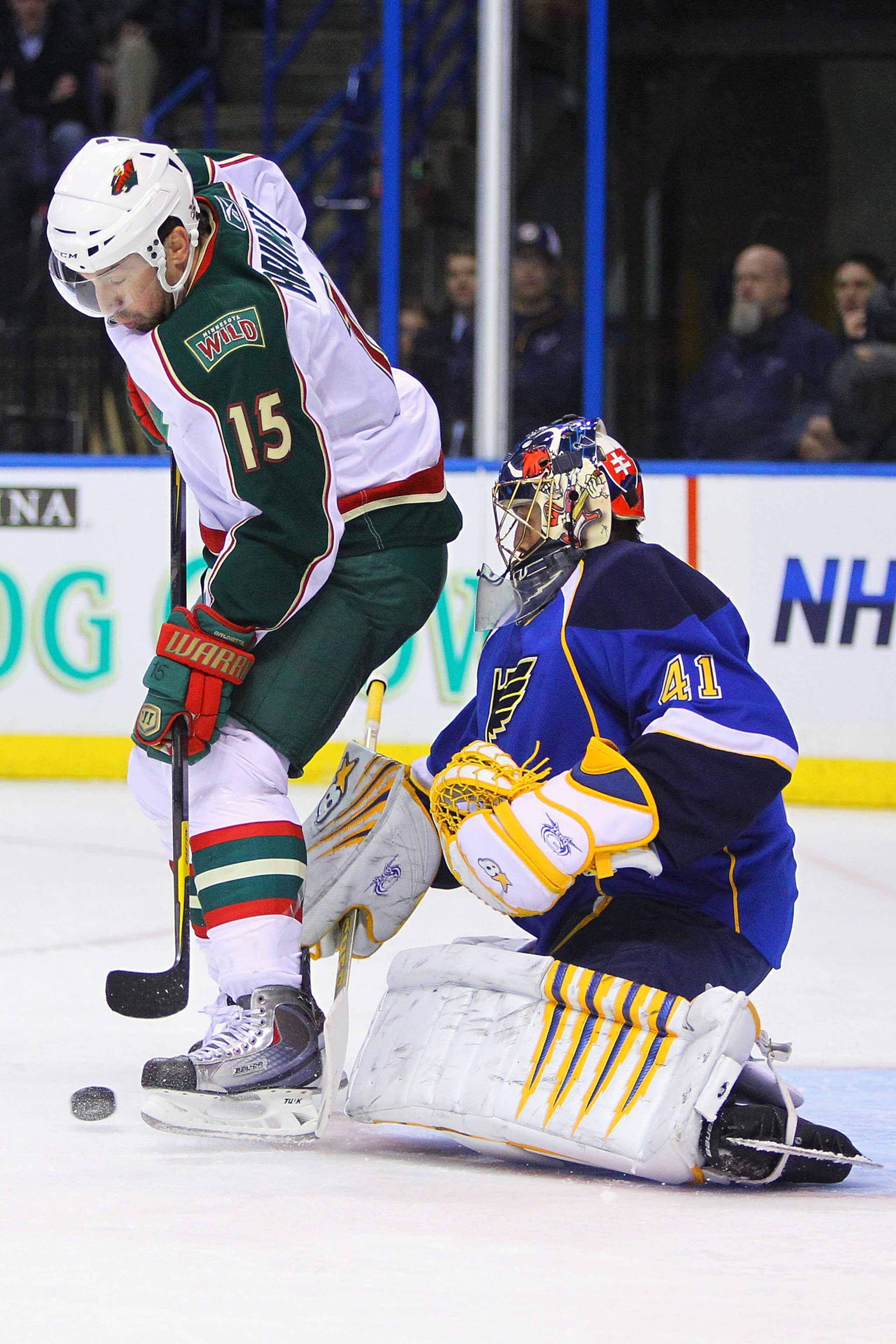 ST. LOUIS, MO - MARCH 29: Andrew Brunette #15 of the Minnesota Wild looks to get the puck past Jaroslav Halak #41 of the St. Louis Blues at the Scottrade Center on March 29, 2011 in St. Louis, Missouri. (Photo by Dilip Vishwanat/Getty Images) ST. LOUIS, MO - MARCH 29: Andrew Brunette #15 of the Minnesota Wild looks to get the puck past Jaroslav Halak #41 of the St. Louis Blues at the Scottrade Center on March 29, 2011 in St. Louis, Missouri. (Photo by Dilip Vishwanat/Getty Images)