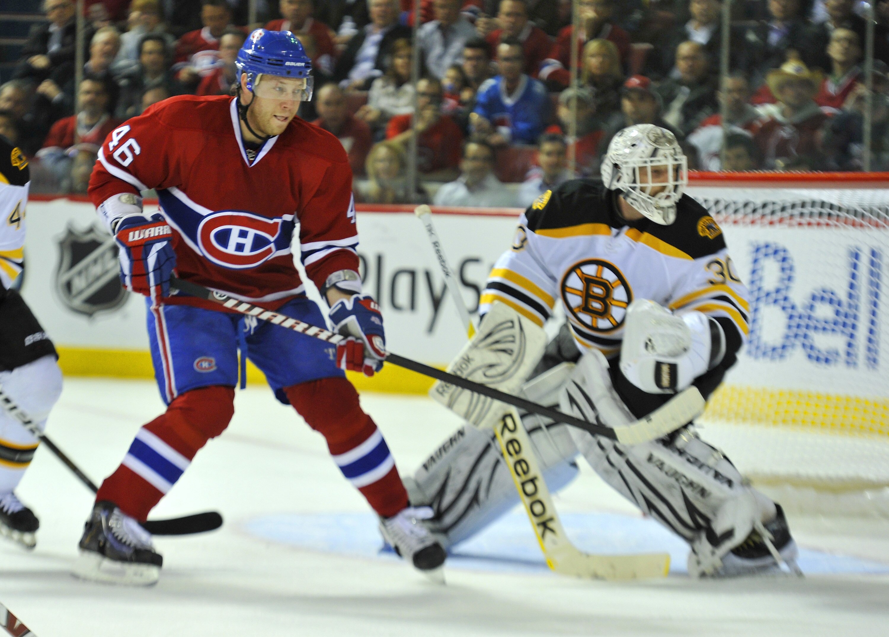 MONTREAL, CANADA - APRIL 18:  Andrei Kostitsyn #46 of the Montreal Canadiens skates out front of Tim Thomas #30 of the Boston Bruins in Game Three of the Eastern Conference Quarterfinals during the 2011 NHL Stanley Cup Playoffs at the Bell Centre on April