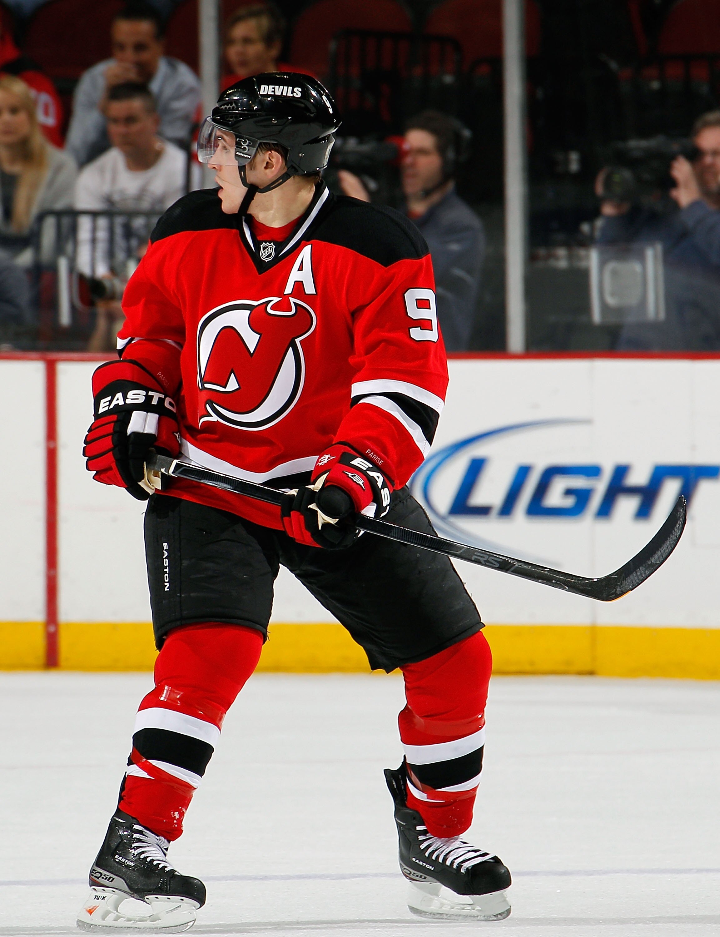 NEWARK, NJ - APRIL 02:  Zach Parise #9 of the New Jersey Devils skates during an NHL hockey game against the Montreal Canadians at the Prudential Center on April 2, 2011 in Newark, New Jersey.  (Photo by Paul Bereswill/Getty Images)