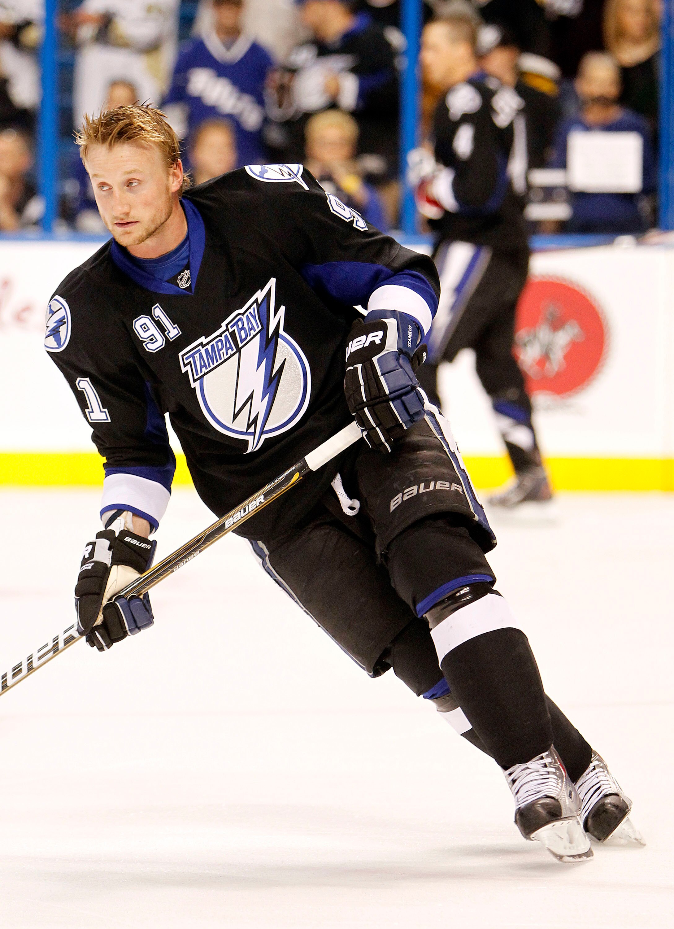 TAMPA, FL - APRIL 18: Steven Stamkos #91 of the Tampa Bay Lightning skates on the ice prior to the start of the game against the Pittsburgh Penguins in Game Three of the Eastern Conference Quarterfinals during the 2011 NHL Stanley Cup Playoffs at the St.