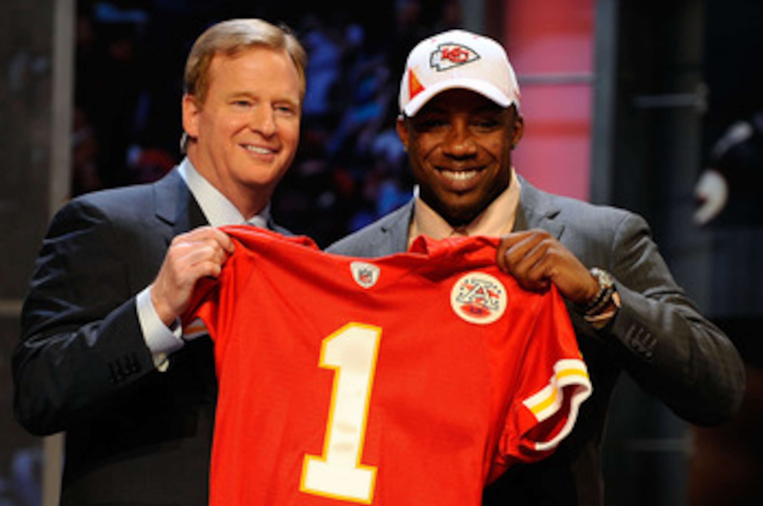 NEW YORK - APRIL 22: Eric Berry (R) from the Tennessee Volunteers poses with NFL Commissioner Roger Goodell as they hold a Kansas City Chiefs jersey after Chiefs selected Berry #5 overall in the first round of the 2010 NFL Draft at Radio City Music Hall NEW YORK - APRIL 22: Eric Berry (R) from the Tennessee Volunteers poses with NFL Commissioner Roger Goodell as they hold a Kansas City Chiefs jersey after Chiefs selected Berry #5 overall in the first round of the 2010 NFL Draft at Radio City Music Hall