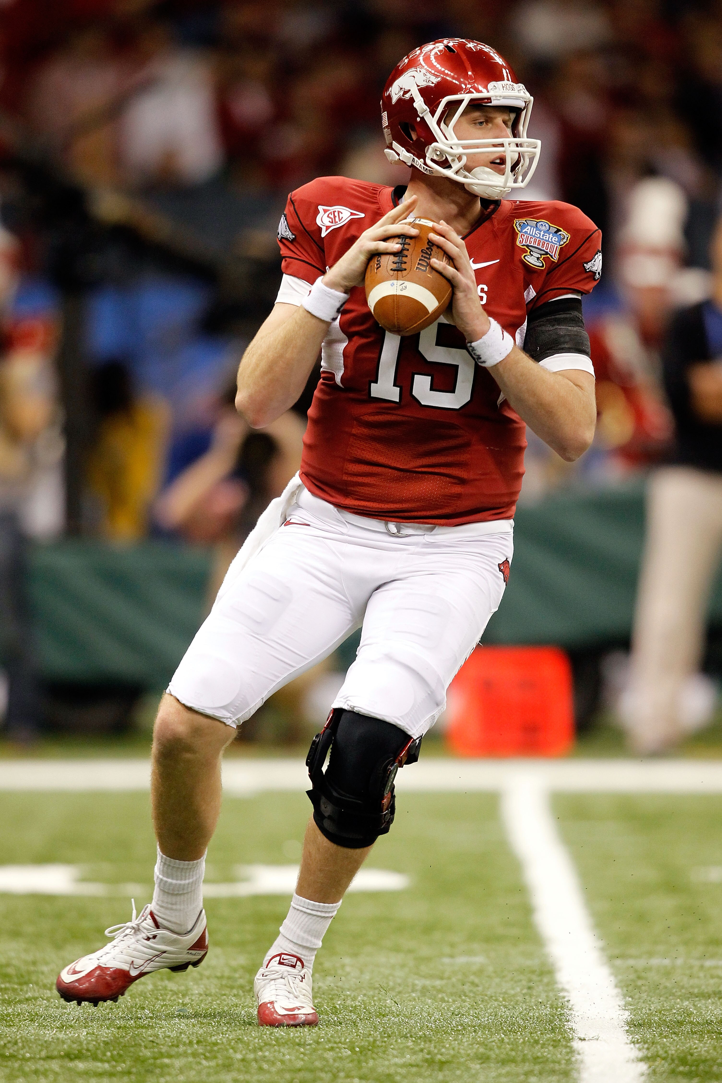 NEW ORLEANS, LA - JANUARY 04: Quarterback Ryan Mallett #15 of the Arkansas Razorbacks looks to pass against the Ohio State Buckeyes during the Allstate Sugar Bowl at the Louisiana Superdome on January 4, 2011 in New Orleans, Louisiana. (Photo by Matthew NEW ORLEANS, LA - JANUARY 04: Quarterback Ryan Mallett #15 of the Arkansas Razorbacks looks to pass against the Ohio State Buckeyes during the Allstate Sugar Bowl at the Louisiana Superdome on January 4, 2011 in New Orleans, Louisiana. (Photo by Matthew