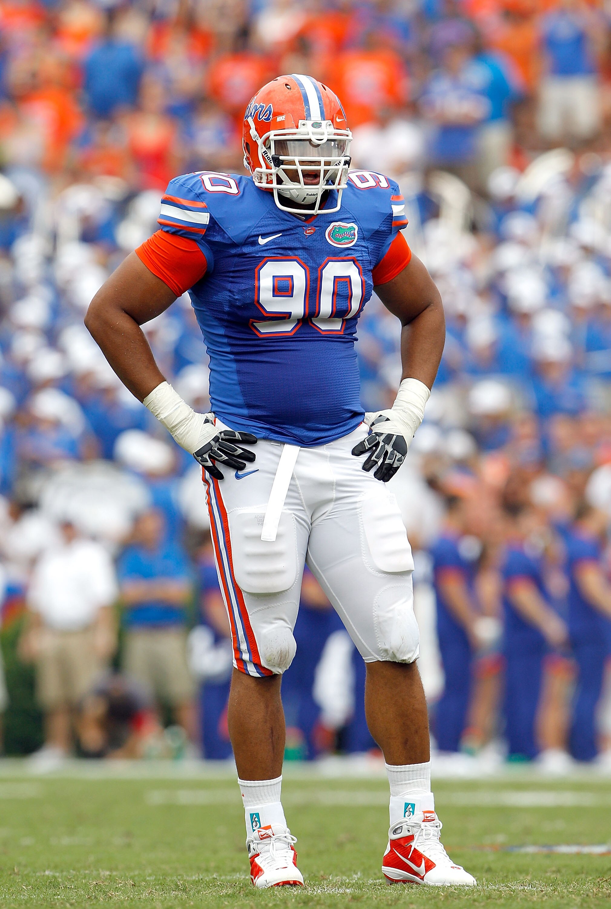 GAINESVILLE, FL - SEPTEMBER 04:  Lawrence Marsh #90 of the Florida Gators waits for action against the Miami University RedHawks at Ben Hill Griffin Stadium on September 4, 2010 in Gainesville, Florida.  (Photo by Sam Greenwood/Getty Images)