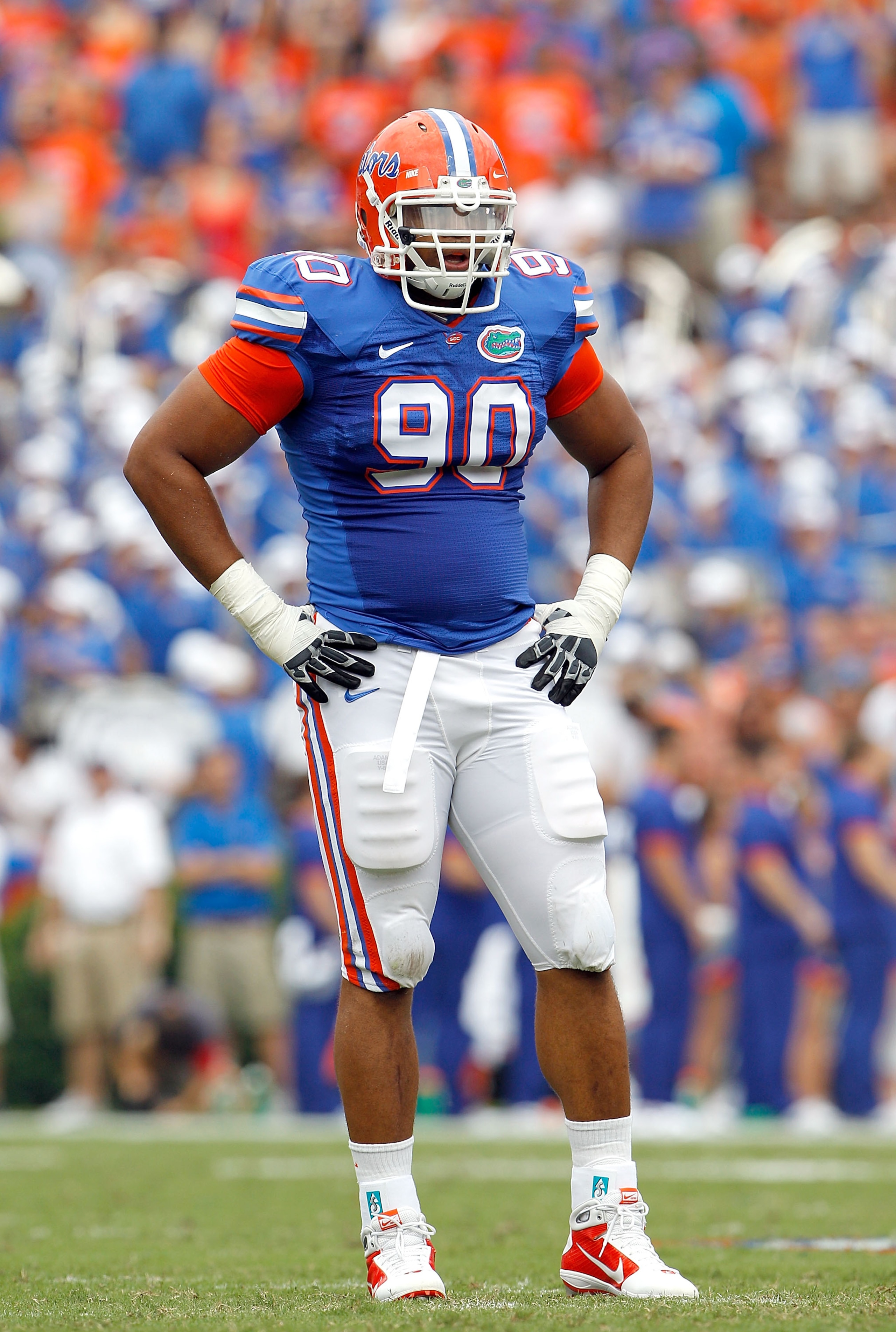 GAINESVILLE, FL - SEPTEMBER 04:  Lawrence Marsh #90 of the Florida Gators waits for action against the Miami University RedHawks at Ben Hill Griffin Stadium on September 4, 2010 in Gainesville, Florida.  (Photo by Sam Greenwood/Getty Images)