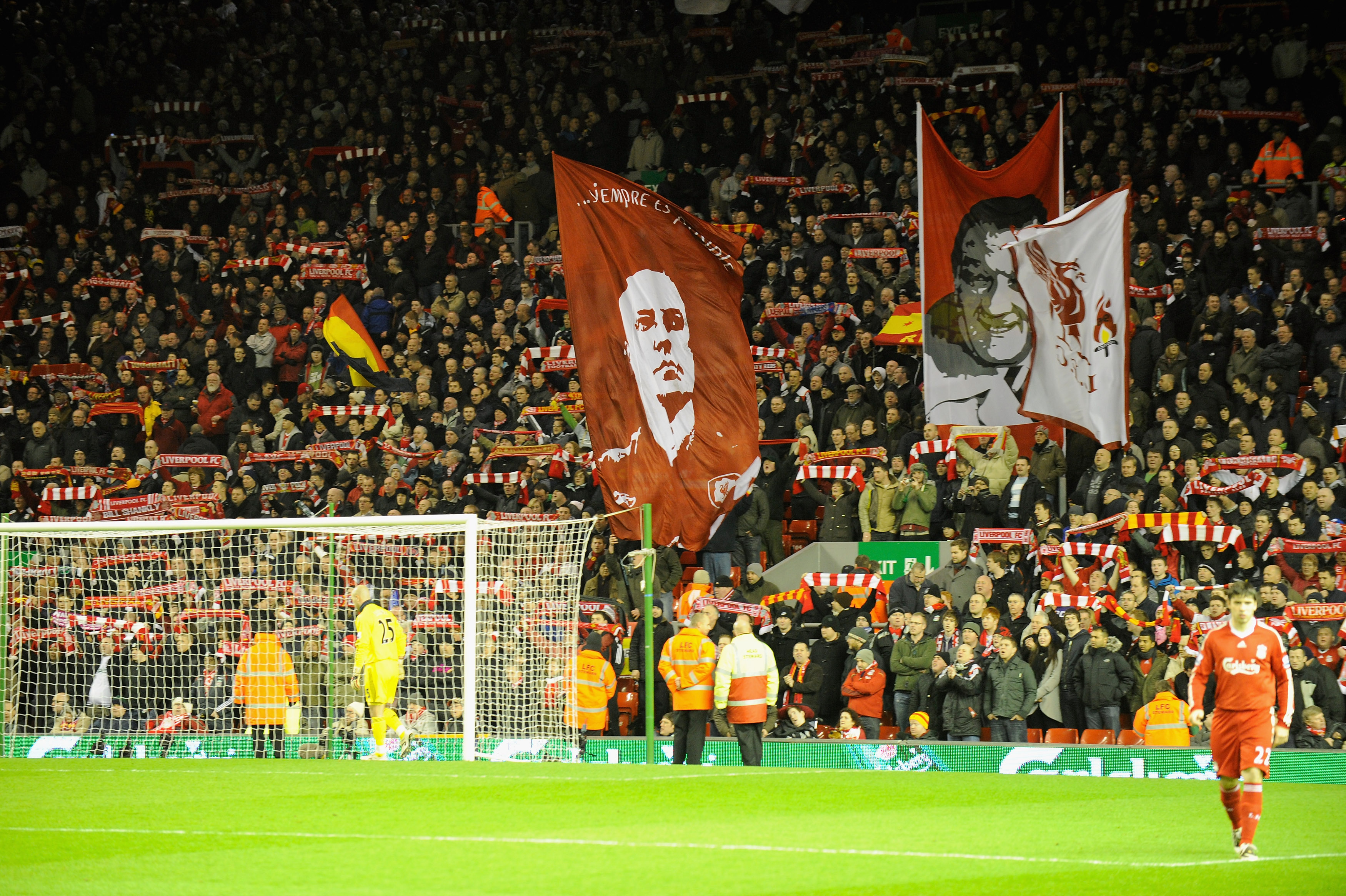LIVERPOOL, ENGLAND - JANUARY 20:  Liverpool fans on their Kop display flags of Rafael Benitez and Bob Paisley during the Barclays Premier League match between Liverpool and Tottenham Hotspur at Anfield on January 20, 2010 in Liverpool, England.  (Photo by