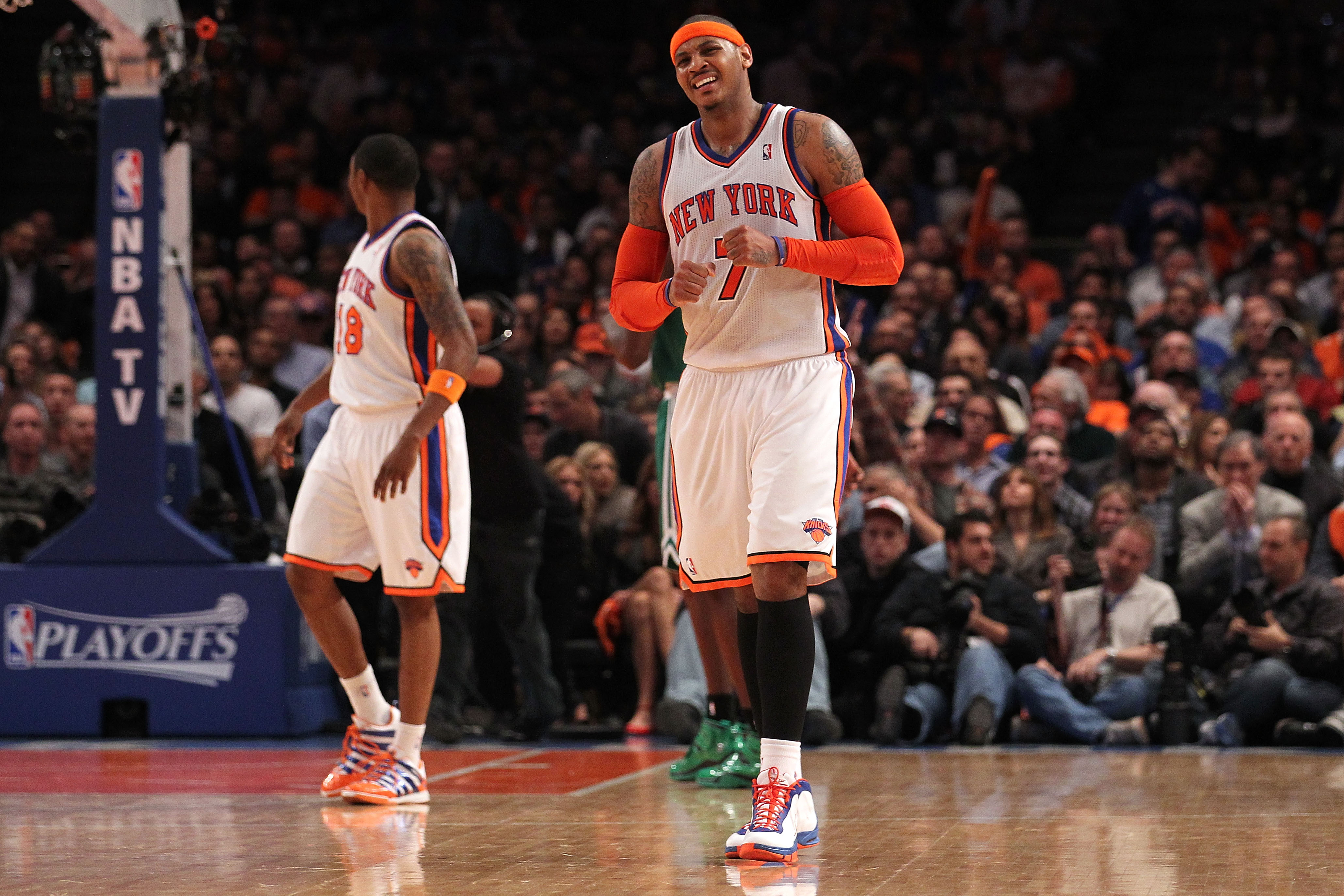 NEW YORK, NY - APRIL 22:  Carmelo Anthony #7 of the New York Knicks reacts against the Boston Celtics in Game Three of the Eastern Conference Quarterfinals in the 2011 NBA Playoffs on April 22, 2011 at Madison Square Garden in New York City.  NOTE TO USER