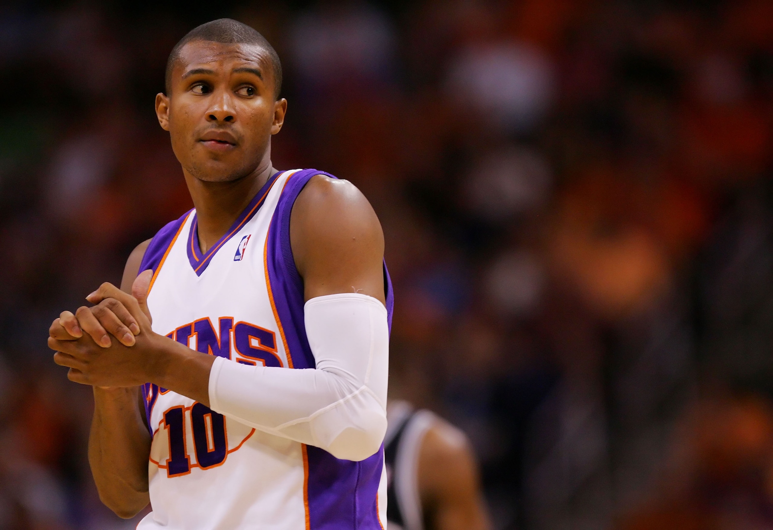PHOENIX - MAY 06:   Leandro Barbosa #10 of the Phoenix Suns  looks on in Game One of the Western Conference Semifinals against the San Antonio Spurs during the 2007 NBA Playoffs at US Airways Center on May 6, 2007 in Phoenix, Arizona.  NOTE TO USER: User