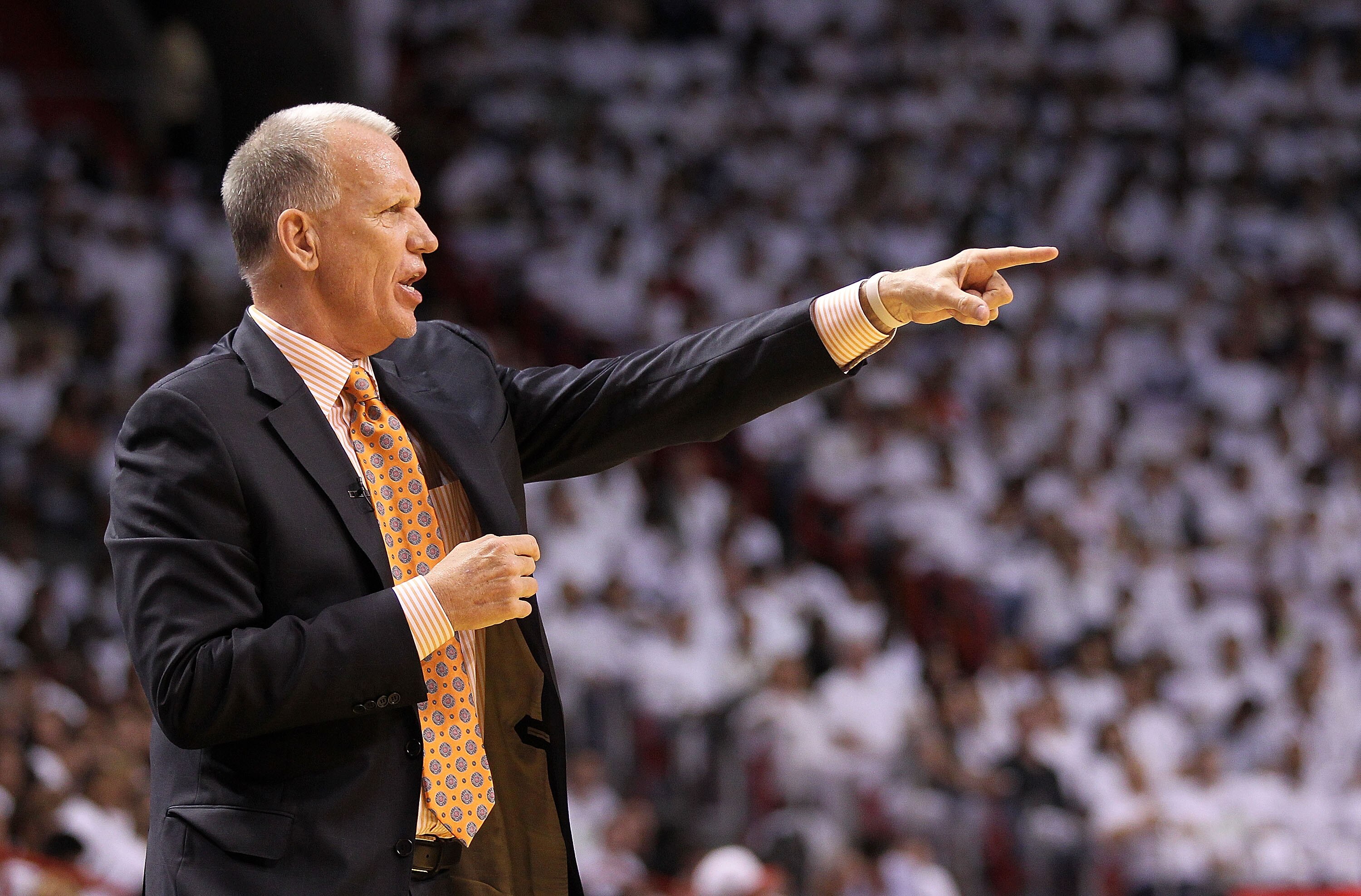 MIAMI, FL - APRIL 18:  Philadelphia 76ers head coach Doug Collins yells from the sideline  during game two of the Eastern Conference Quarterfinals against the Miami Heat  at American Airlines Arena on April 18, 2011 in Miami, Florida. NOTE TO USER: User e
