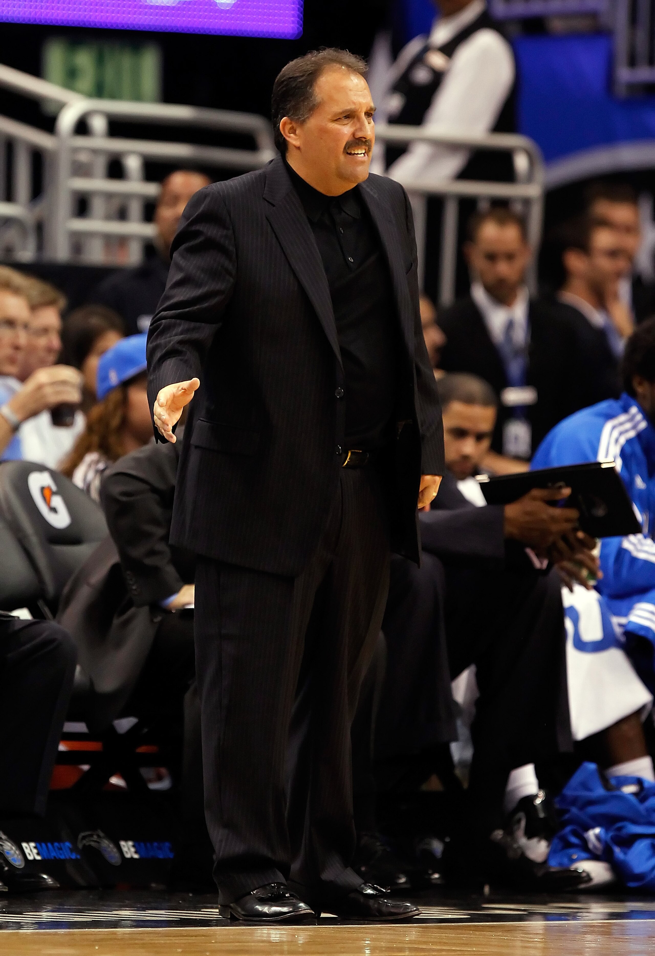 ORLANDO, FL - APRIL 19:  Head coach Stan Van Gundy of the Orlando Magic directs his team against the Atlanta Hawks during Game Two of the Eastern Conference Quarterfinals of the 2011 NBA Playoffs on April 19, 2011 at the Amway Arena in Orlando, Florida.  