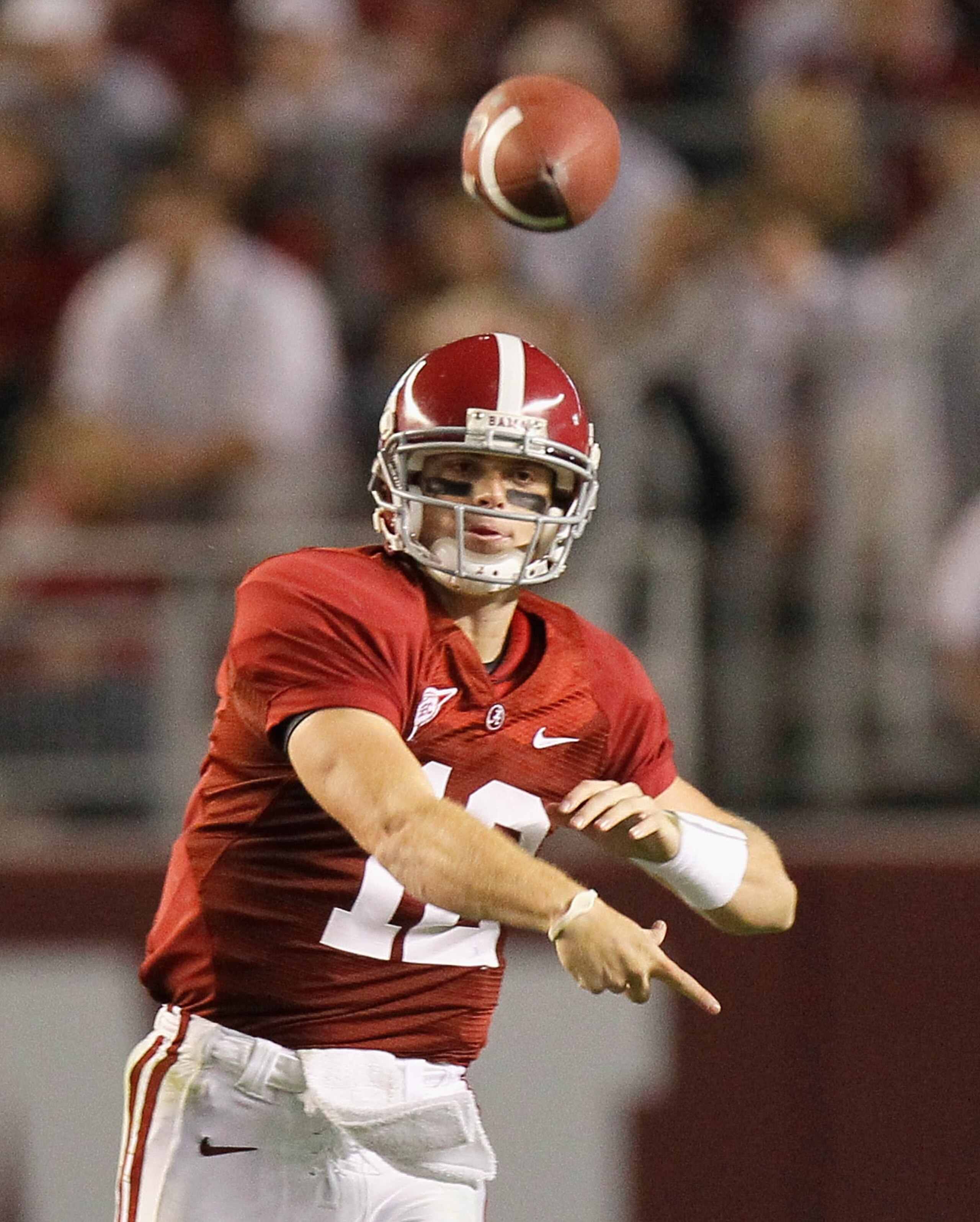TUSCALOOSA, AL - OCTOBER 16: Quarterback Greg McElroy #12 of the Alabama Crimson Tide against the Ole Miss Rebels at Bryant-Denny Stadium on October 16, 2010 in Tuscaloosa, Alabama. (Photo by Kevin C. Cox/Getty Images) TUSCALOOSA, AL - OCTOBER 16: Quarterback Greg McElroy #12 of the Alabama Crimson Tide against the Ole Miss Rebels at Bryant-Denny Stadium on October 16, 2010 in Tuscaloosa, Alabama. (Photo by Kevin C. Cox/Getty Images)
