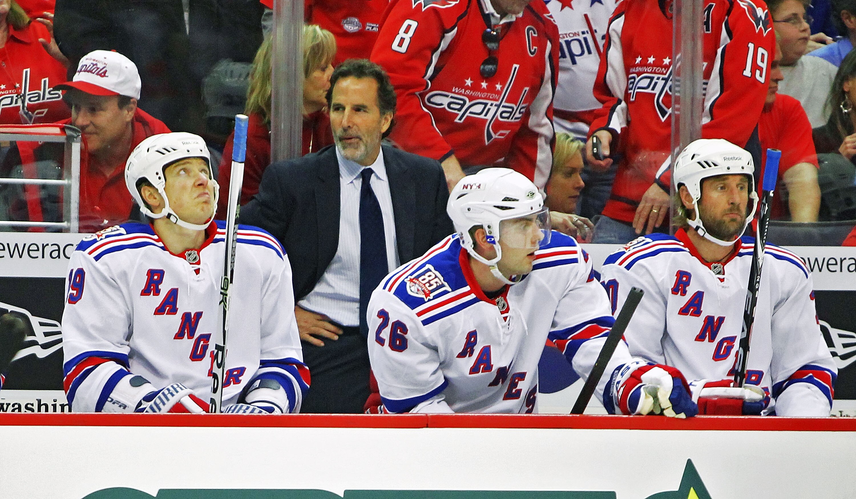 WASHINGTON, DC - APRIL 23:  Ruslan Fedotenko #19, Head Coach John Tortorella, Erik Christensen #26 and Vinny Prospal #20 of the New York Rangers appear dejected as they loose to the Washington Capitals 3-1 in Game Five of the Eastern Conference Quarterfin