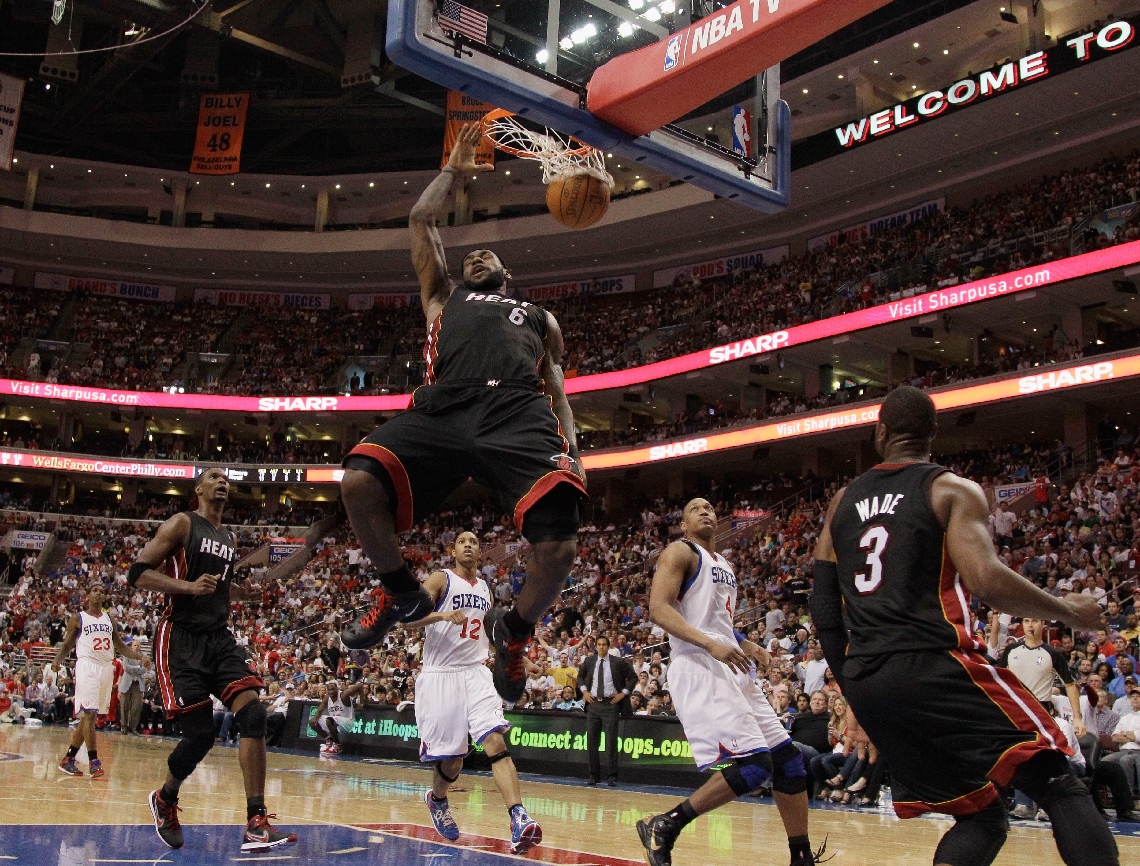 PHILADELPHIA, PA - APRIL 24:  LeBron James #6 of the Miami Heat dunks against the Philadelphia 76ers in Game Four of the Eastern Conference Quarterfinals in the 2011 NBA Playoffs at Wells Fargo Center on April 24, 2011 in Philadelphia, Pennsylvania. NOTE