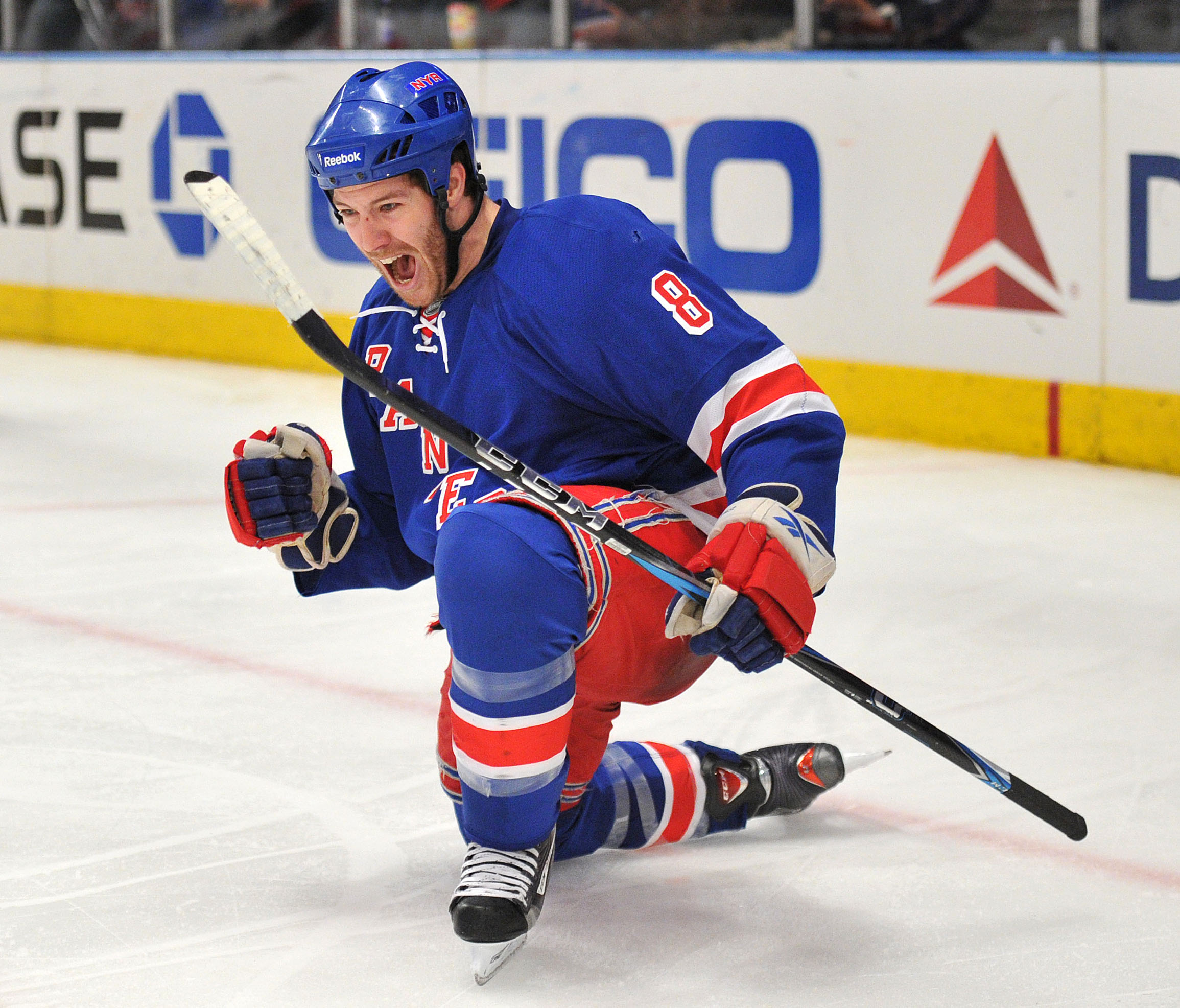 NEW YORK, NY - MARCH 24: Brandon Prust #8 of the New York Rangers celebrates scoring the game tying goal during the third period against the Ottawa Senators at Madison Square Garden on March 24, 2011 in New York City. The Senators defeated the Rangers 2-1