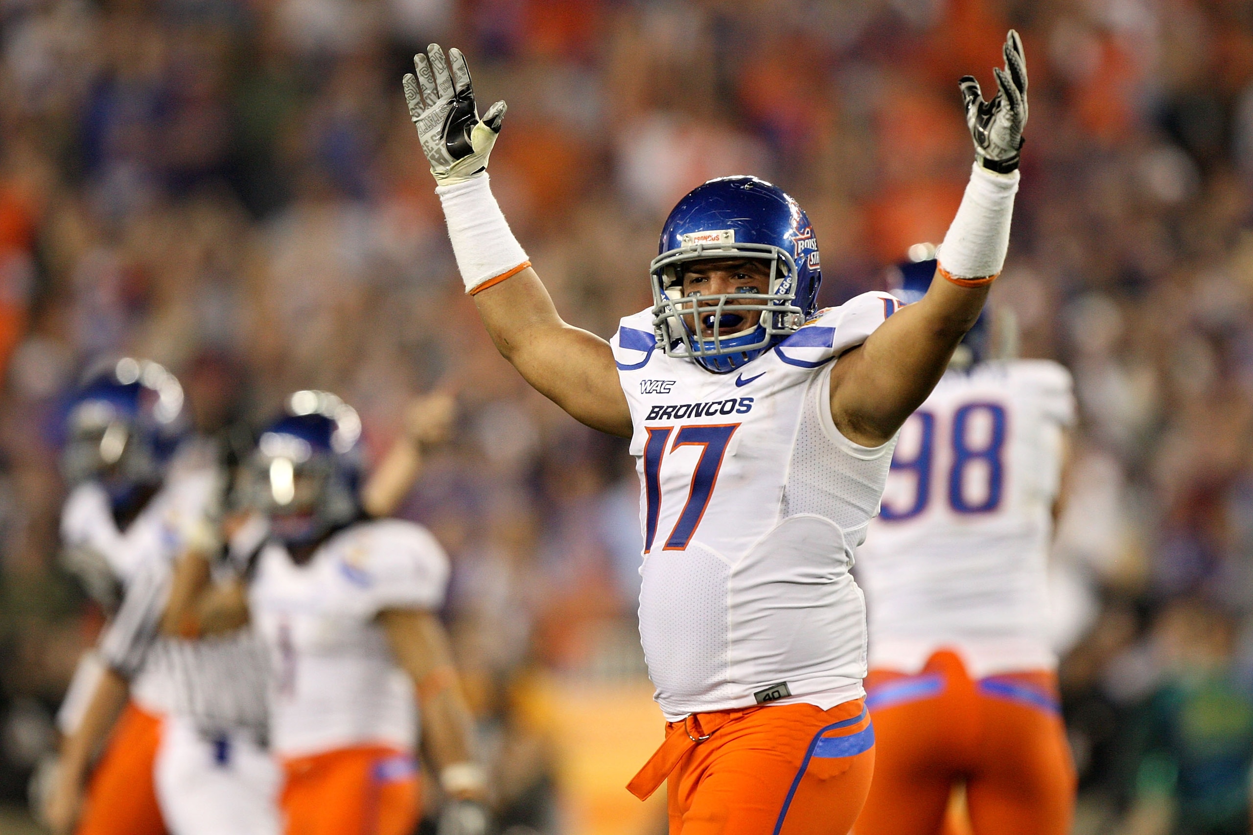 GLENDALE, AZ - JANUARY 04:  Winston Venable #17 of the Boise State Broncos reacts in the third quarter against the TCU Horned Frogs during the Tostitos Fiesta Bowl at the Universtity of Phoenix Stadium on January 4, 2010 in Glendale, Arizona.  (Photo by J