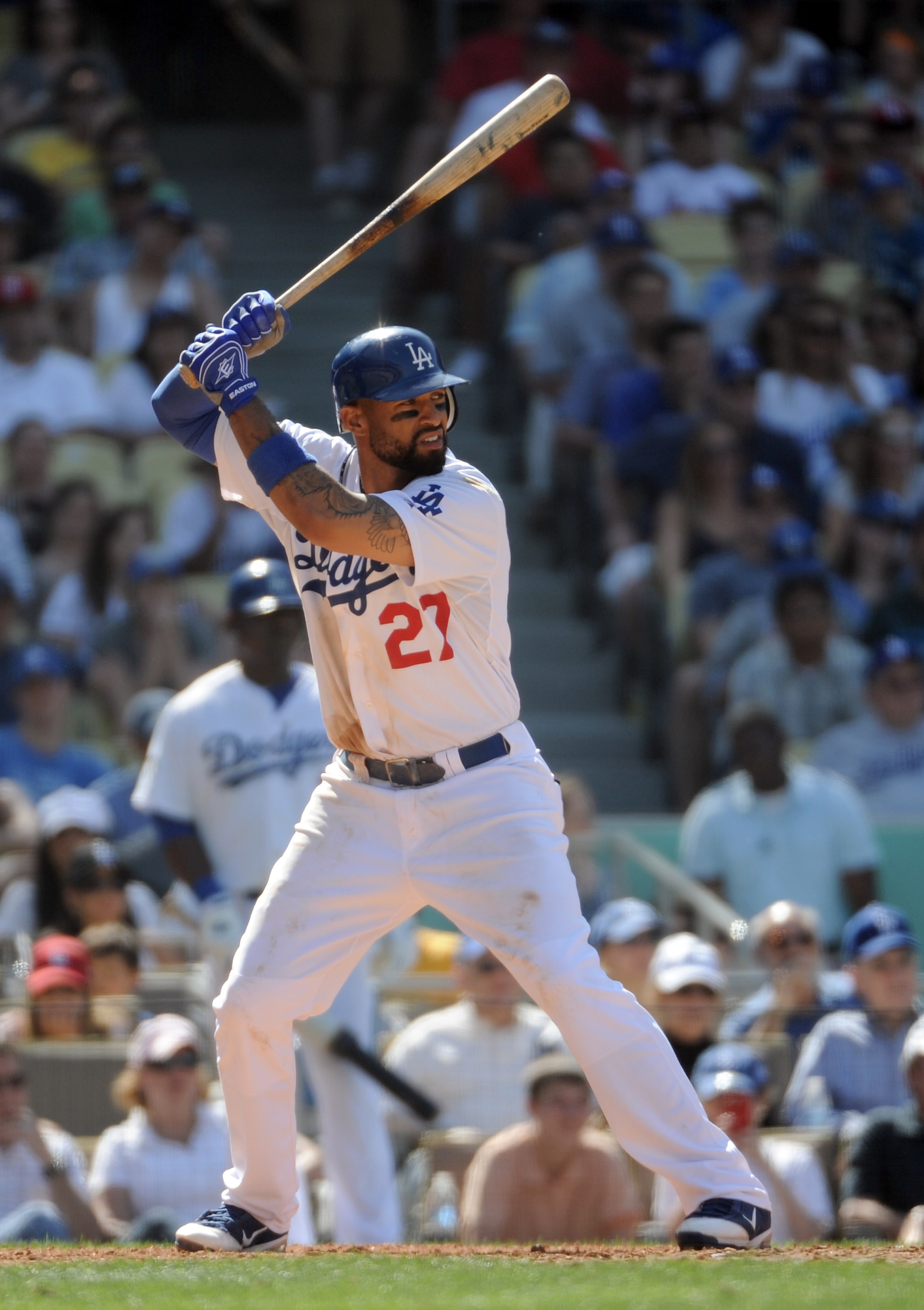 LOS ANGELES, CA - APRIL 17:  Matt Kemp #27 of the Los Angeles Dodgers at bat on his way to hitting a two run homerun in the bottom of the ninth inning for a 2-1 win over the St. Louis Cardinals at Dodger Stadium on April 17, 2011 in Los Angeles, Californi