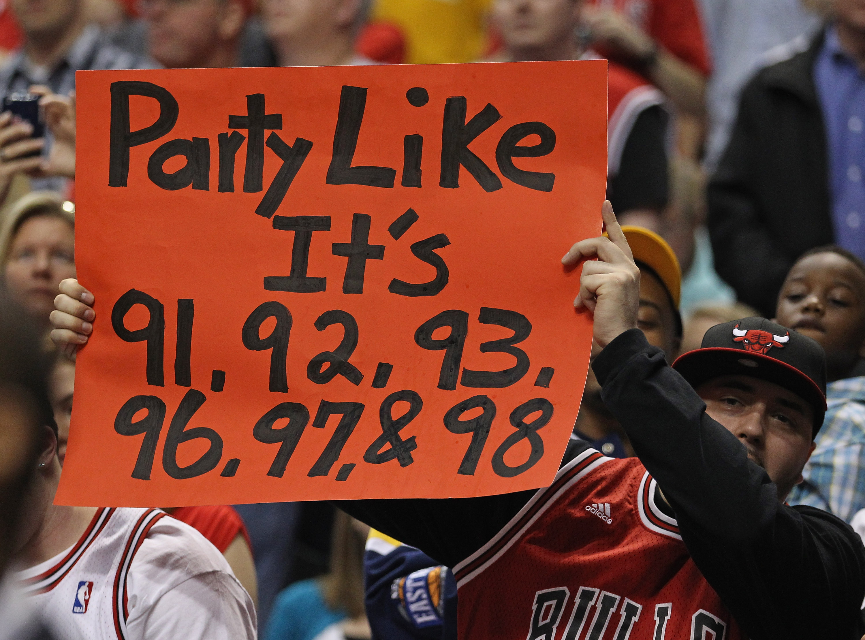 INDIANAPOLIS, IN - APRIL 23: A fan of the Chicago Bulls holds a sign during Game Four of the Eastern Conference Quarterfinals against the Indiana Pacers in the 2011 NBA Playoffs at Conseco Fieldhouse on April 23, 2011 in Indianapolis, Indiana. The Pacers