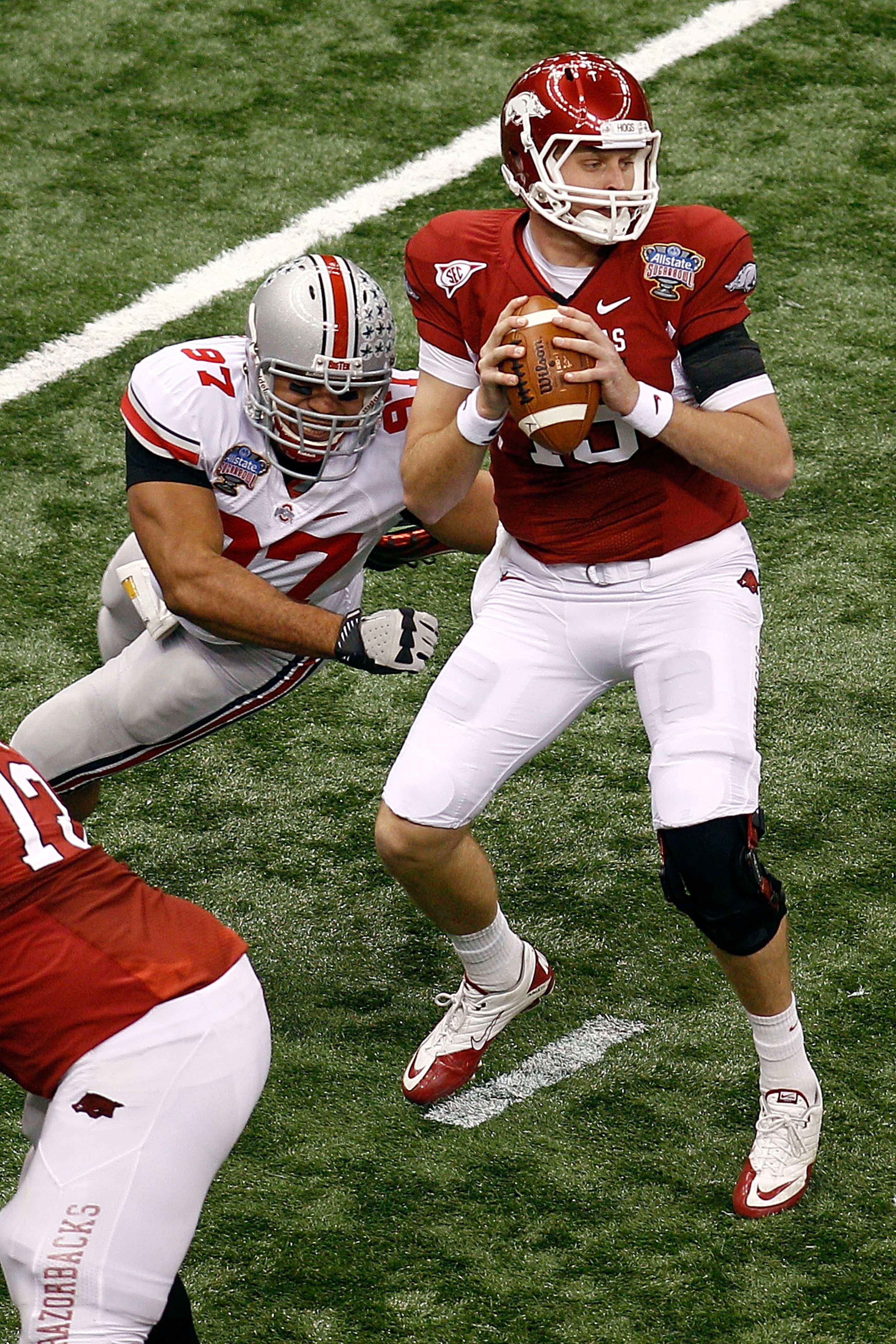 NEW ORLEANS, LA - JANUARY 04:  Ryan Mallett #15 of the Arkansas Razorbacks looks to pass against the Ohio State Buckeyes during the Allstate Sugar Bowl at the Louisiana Superdome on January 4, 2011 in New Orleans, Louisiana.  (Photo by Chris Graythen/Gett